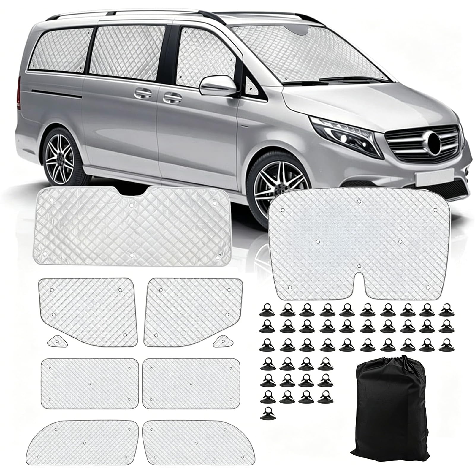 Sonnenschutz Thermomatte für V-Klasse//VianoVito W447 2014-2024 LWB | Auto Frontscheibe Abdeckung, 10-teiliges Set für Rundumschutz, Aluminiumfolie Faltbar Sonnenblende, Reflektiert Hitze