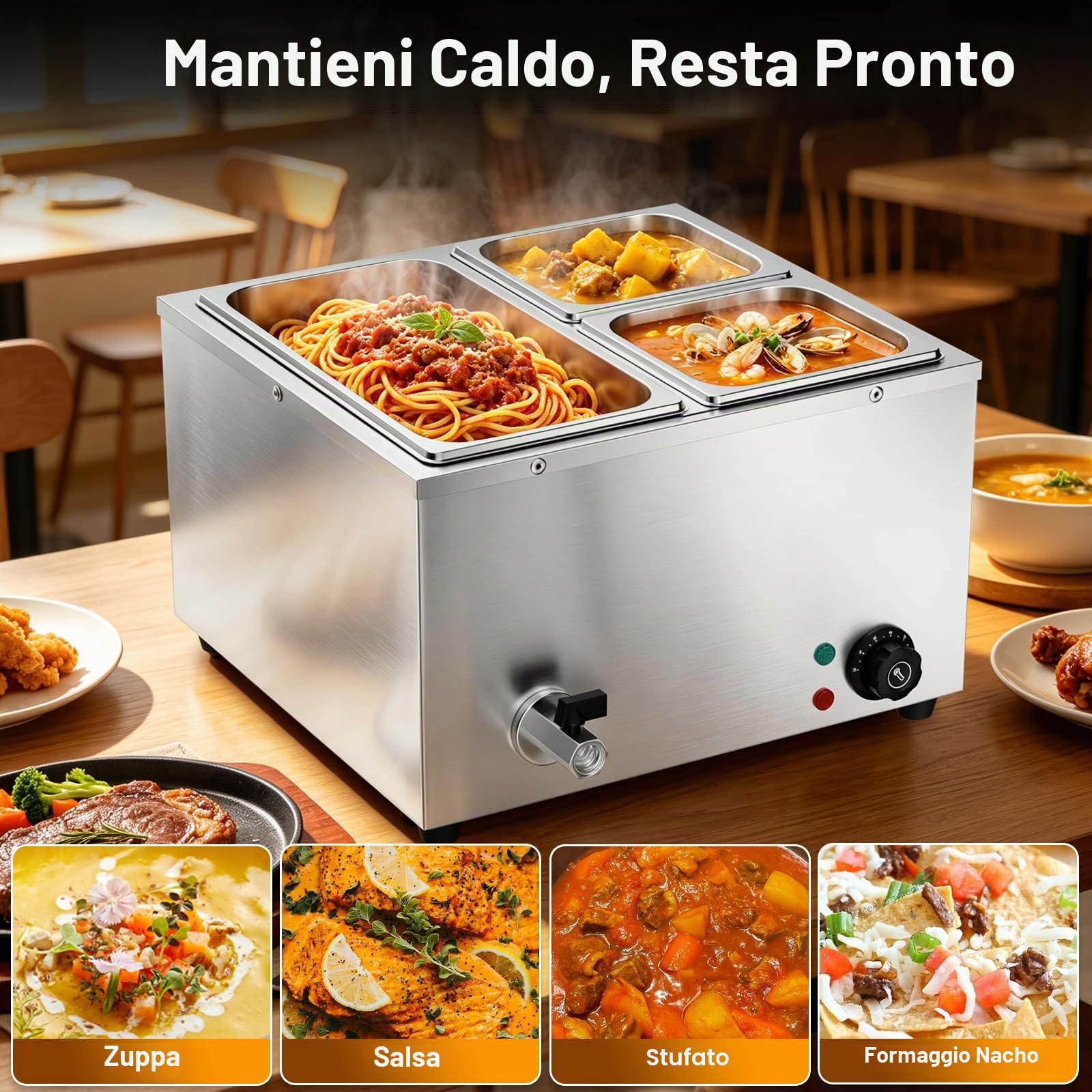 TAIMIKO Bain Marie scaldavivande 1500 W elettrico a buffet 220 V pentola a fusione professionale scalda piatti con 1 x 1/3 e 2 x 1/6 pentole (3 pentole)