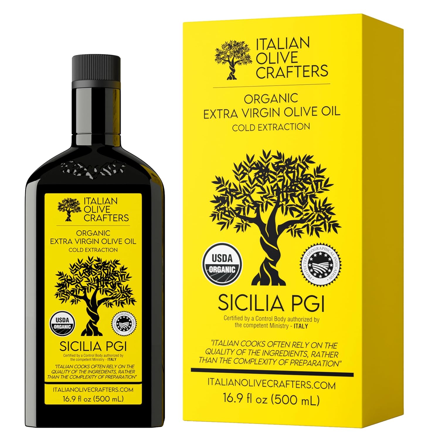 Italian Olive Crafters, Polyphenol Rich Organic Extra Virgin Olive Oil, 16.9 fl oz - Organic Olive Oil Extra Virgin Cold Pressed Glass Bottle