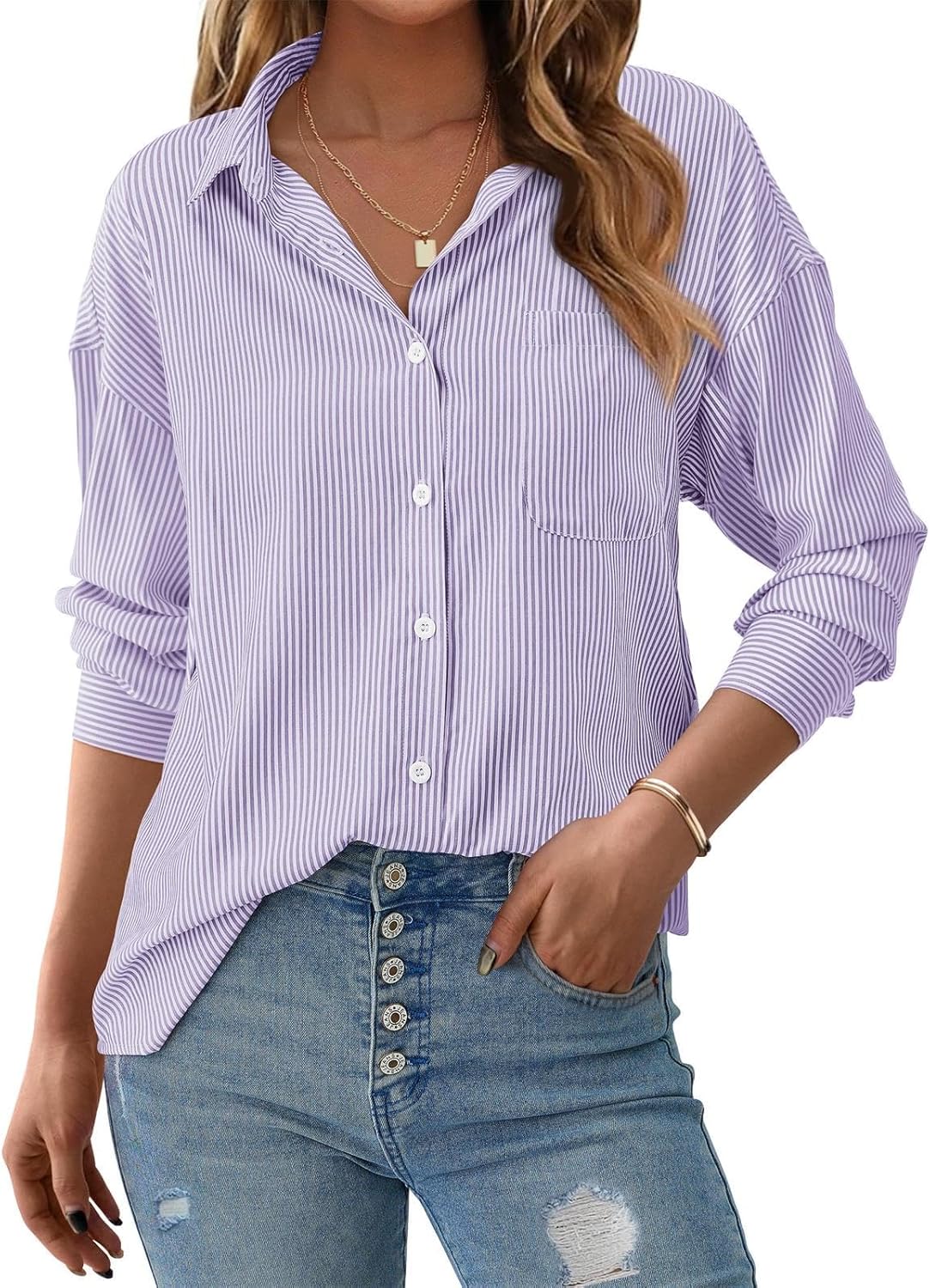 PRETTYGARDEN Womens Button Down Shirts Striped Long Sleeve Casual Collared Office Business Work Blouses Tops Spring Clothes