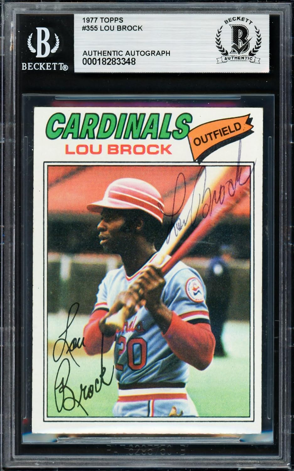Lou Brock Autographed 1977 Topps Baseball Card #355 S.t. L.o.u.i.s C.a.r.d.i.n.a.l.s Beckett BAS #18283348