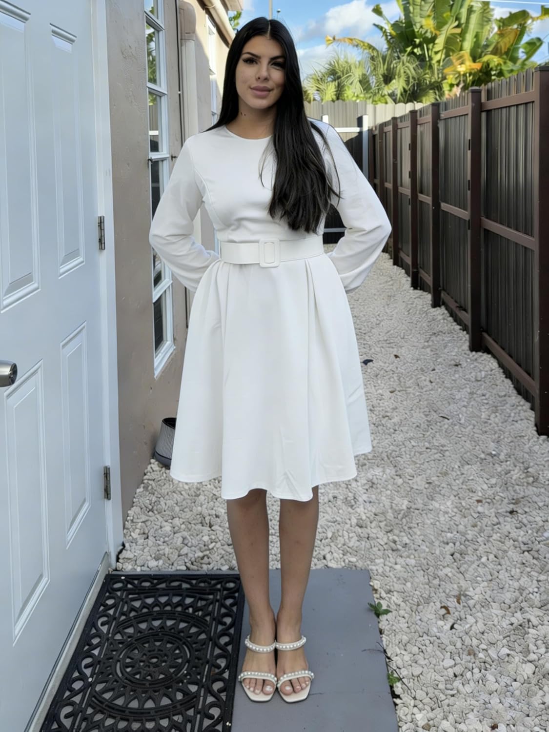 Elainone Women Long Sleeve A Line Dress with Belt Church Wedding Guest Semi Formal Office Dresses - Image 3