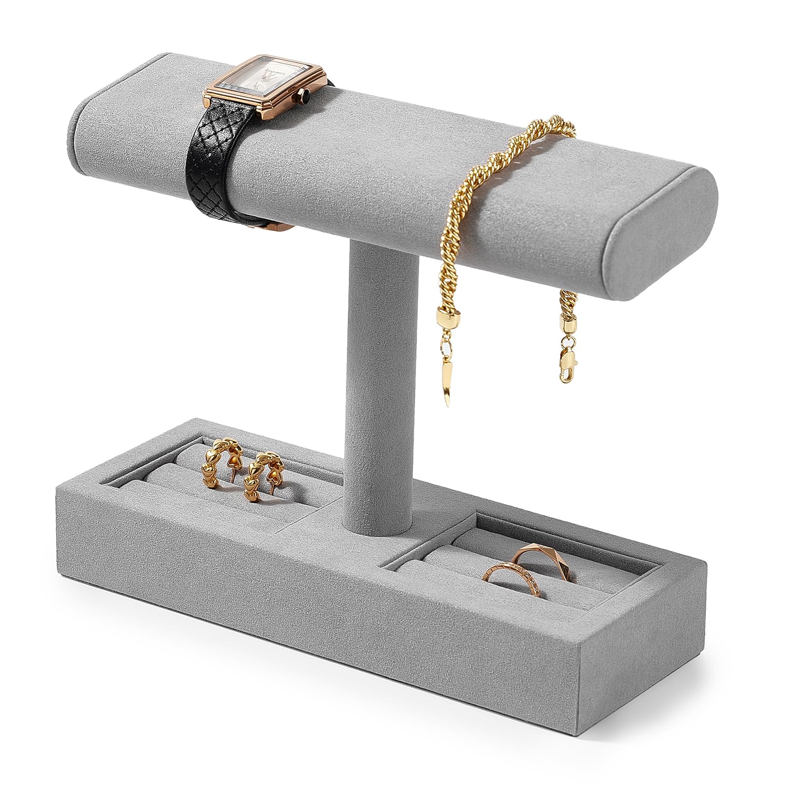 Mikrofaser-Uhrenständer, T-Bar, Uhrenring-Ständer für Damen und Herren, Schmuck, Armband, Uhren, Ring-Organizer für Geschäft und Zuhause (grau)