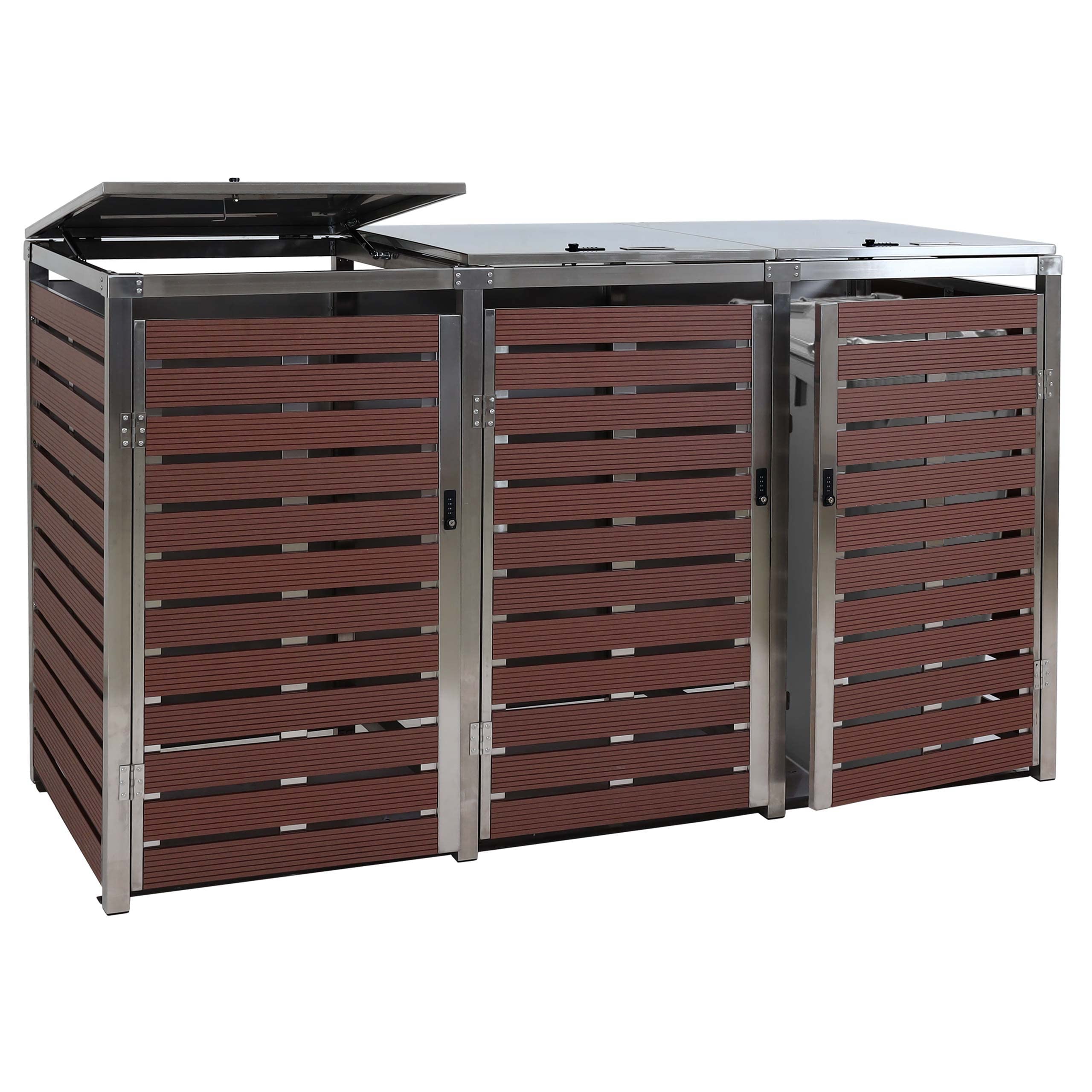 Mendler 3er Mülltonnenverkleidung HWC-K14 120x200x85cm - Walnuss-Holzoptik | Mülltonnenbox, WPC, Edelstahl, 104kg