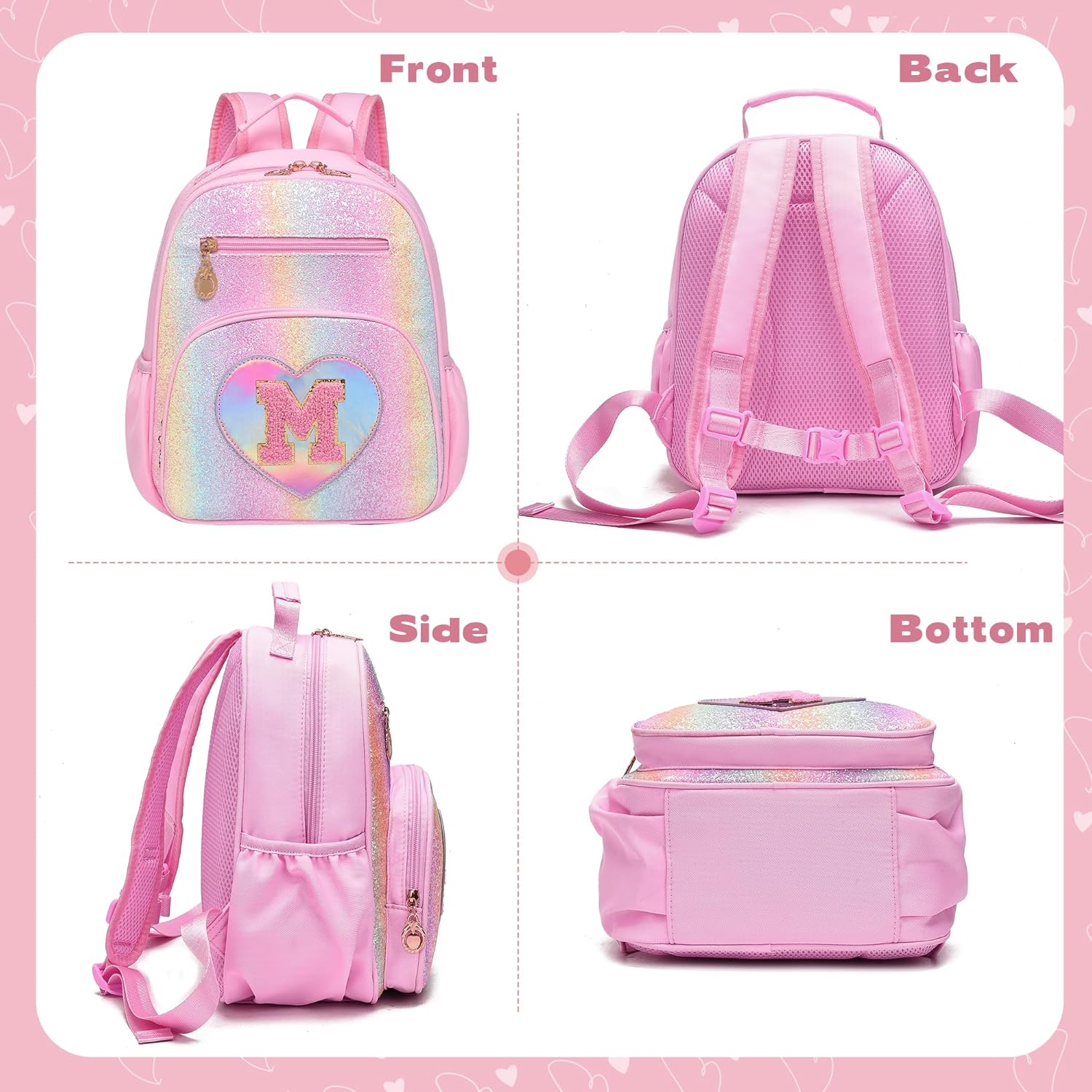 I IHAYNER Kids Glitter Initial Backpack Mini Backpack for Girls Lightweight Toddler Preschool Backpack Girls Personalized Trendy Stuff Gifts Pink M - Image 3