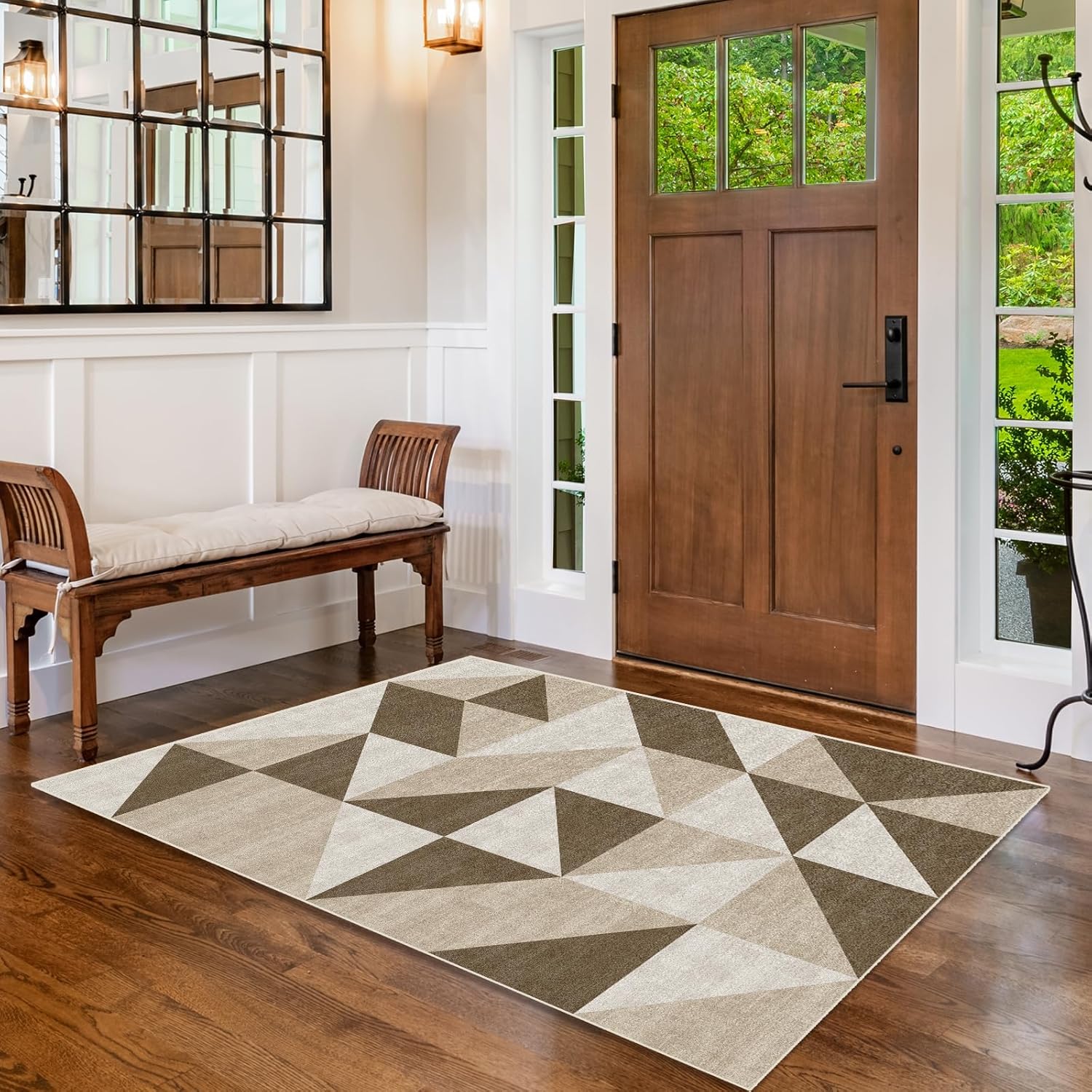 Washable 3x5 Modern Abstract Geometric Brown Area Rugs Non Slip Low Pile Indoor Floor Small Carpet for Living Room Bedroom Dinning Room Kitchen