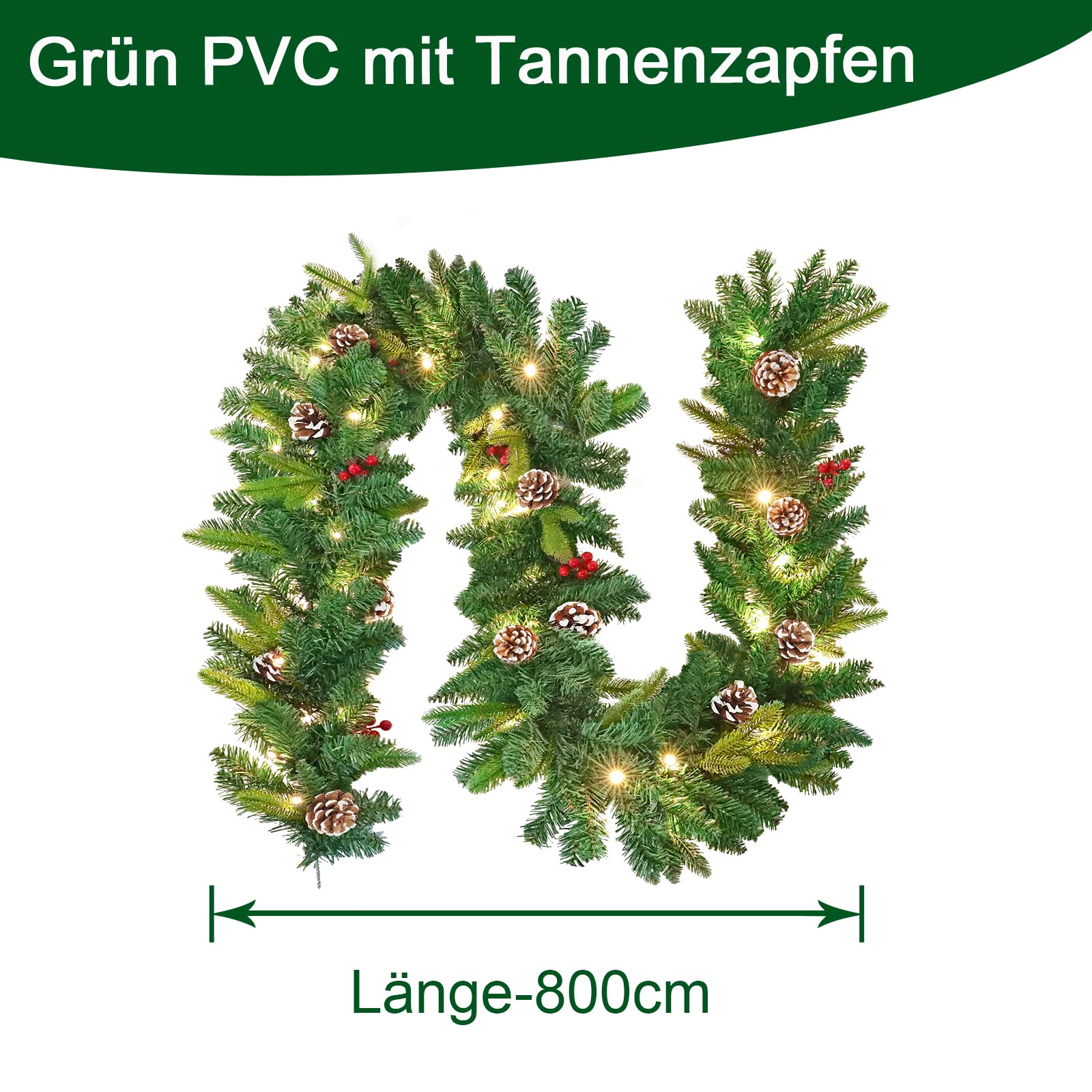 Weihnachts-Girlande 8 m künstlich mit 125 LEDs, Tannengirlande mit roten Beeren & Tannenzapfen, 8 Lichtmodi warmweiß, Deko für Haus, Treppen