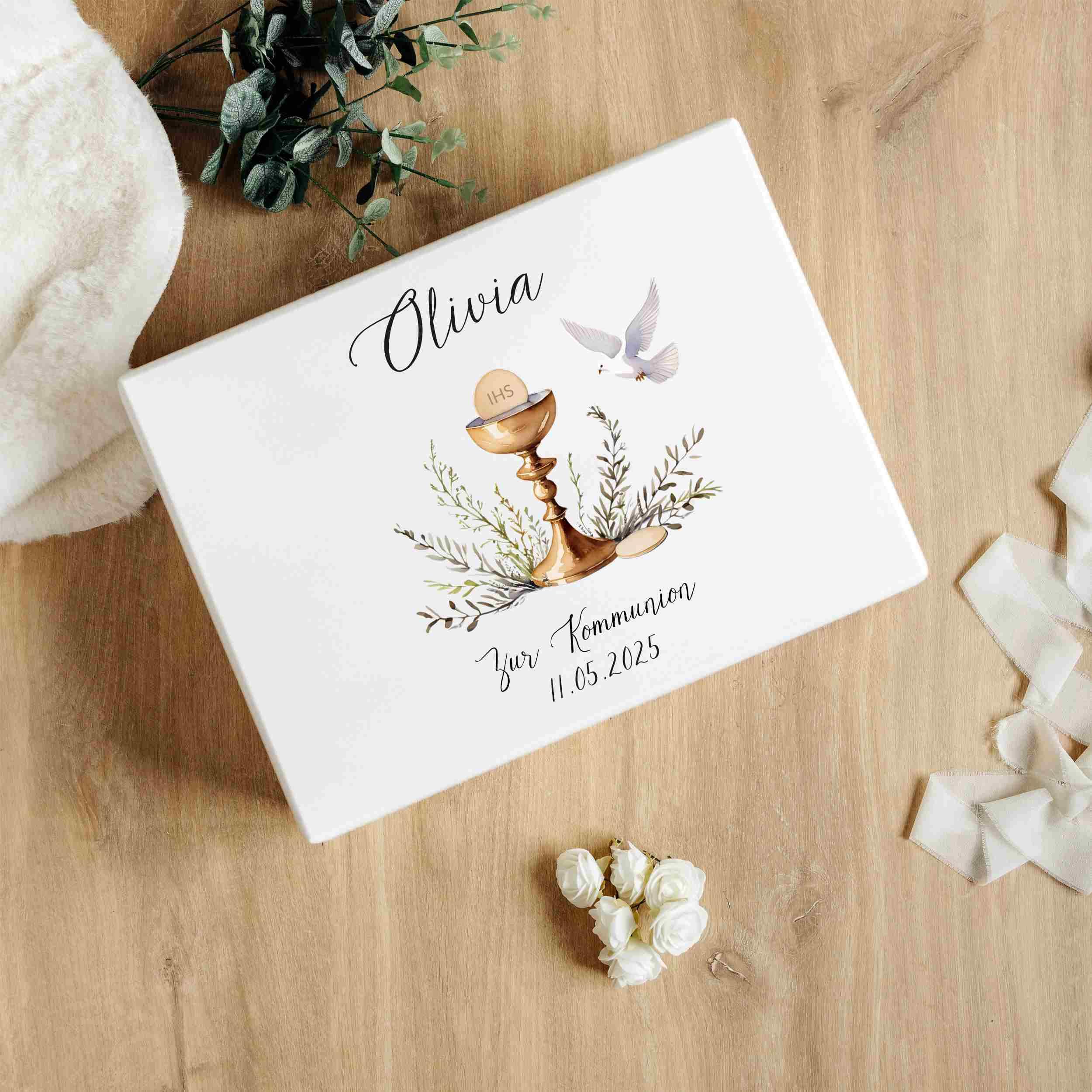 Creative Deco Weiß Personalisiert Kommunion Geschenke für Mädchen Jungen | Holzkiste | Kelch Motiv | Individuelle Geschenk Erinnerungsbox | Erstkommunion Deko
