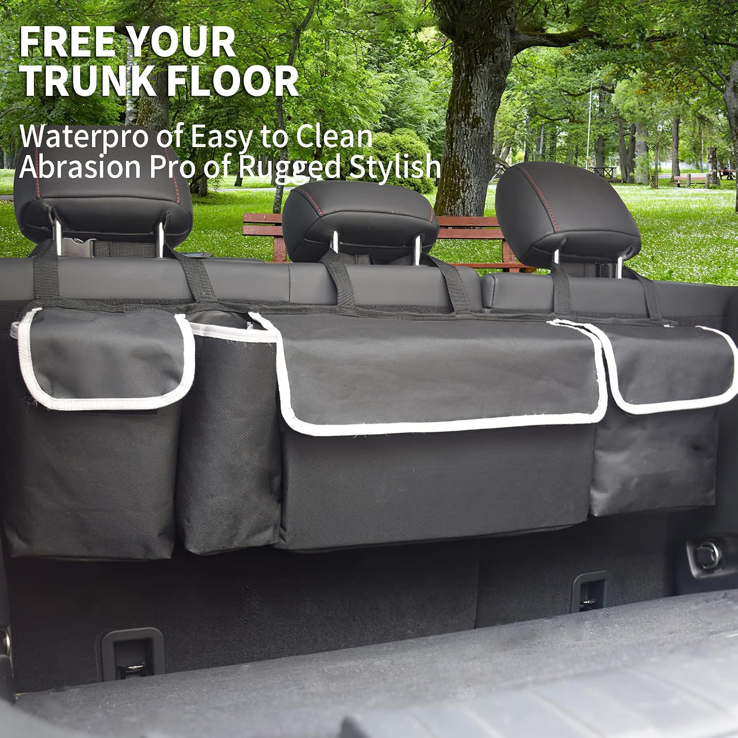 UYYE Car Trunk Hanging Organizer, Thick Backseat Trunk Storage Bag with 4 Pockets and 3 Adjustable Shoulder Straps, Foldable Car Trunk Interior Accessories Releases Your Trunk Space