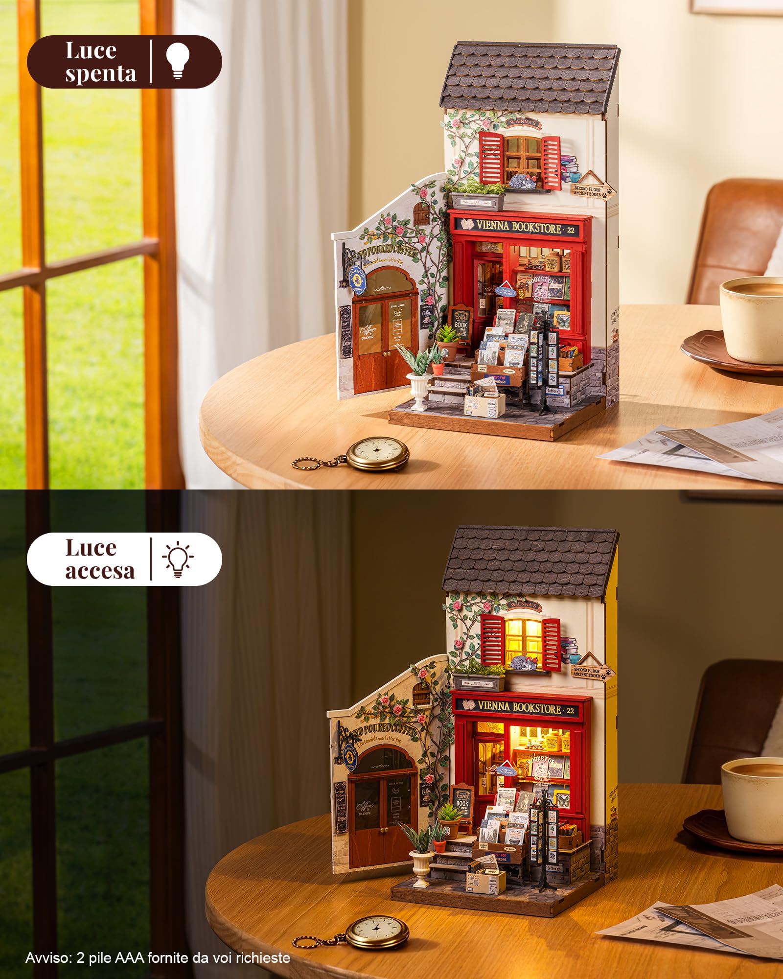Rolife Miniature Casa Libreria Vienna, 290 pezzi Kit Casa in Miniatura DIY, Modellismo da Costruire Adulti Casa delle Bambole in Legno Puzzle 3D Nessun collante necessario
