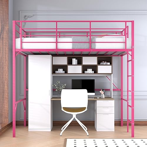 Twin loft Bed 75 inch High with High Guardrail,Space Saving Bedframe with Wide Ladder Rungs,No Sagging,Allow 12 inch Mattress Sturdy Metal Bed,Pink