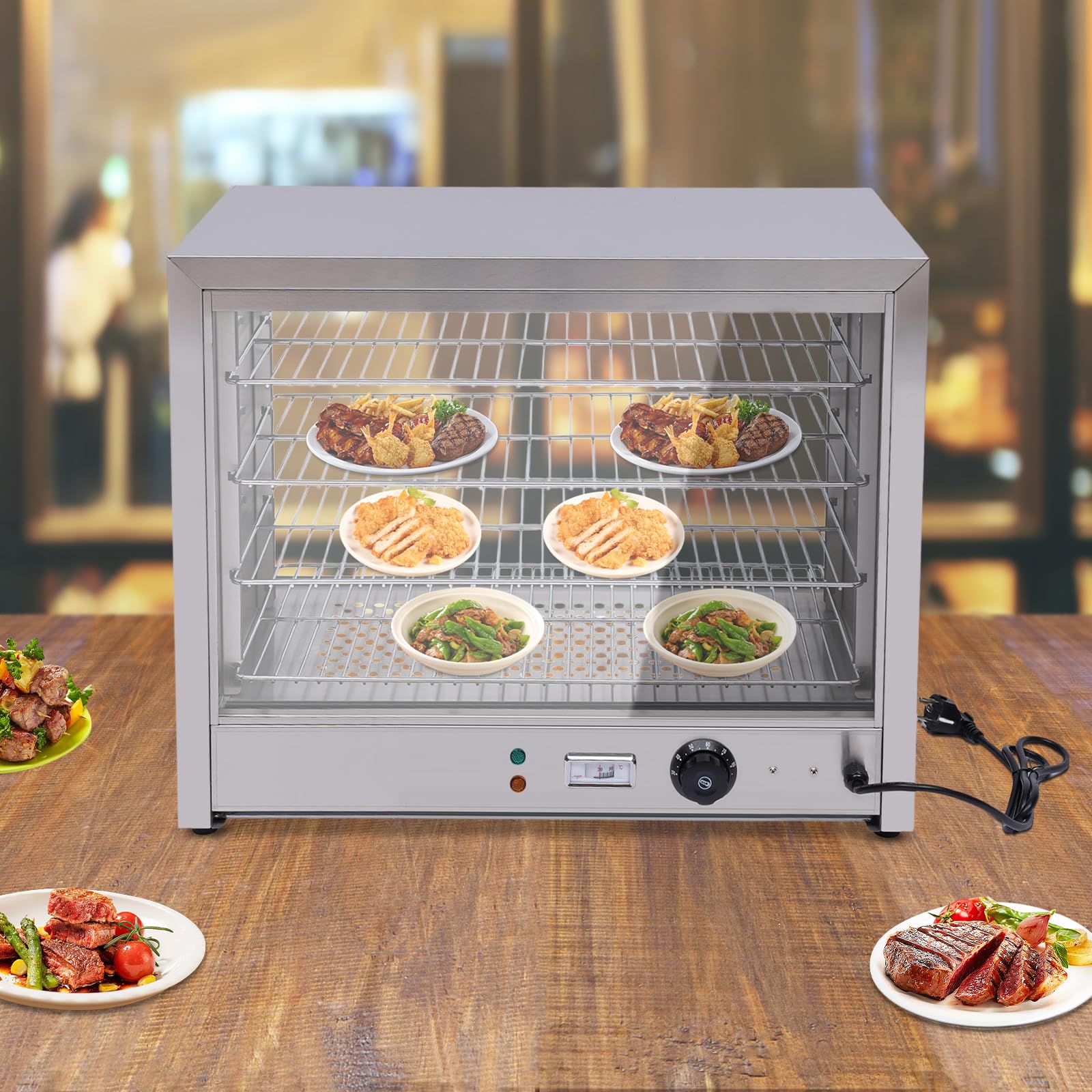 Vetrina per alimenti, 800 W, 4 ripiani, con regolazione della temperatura da 30 °C a 85 °C, per hamburger, pizza, pane