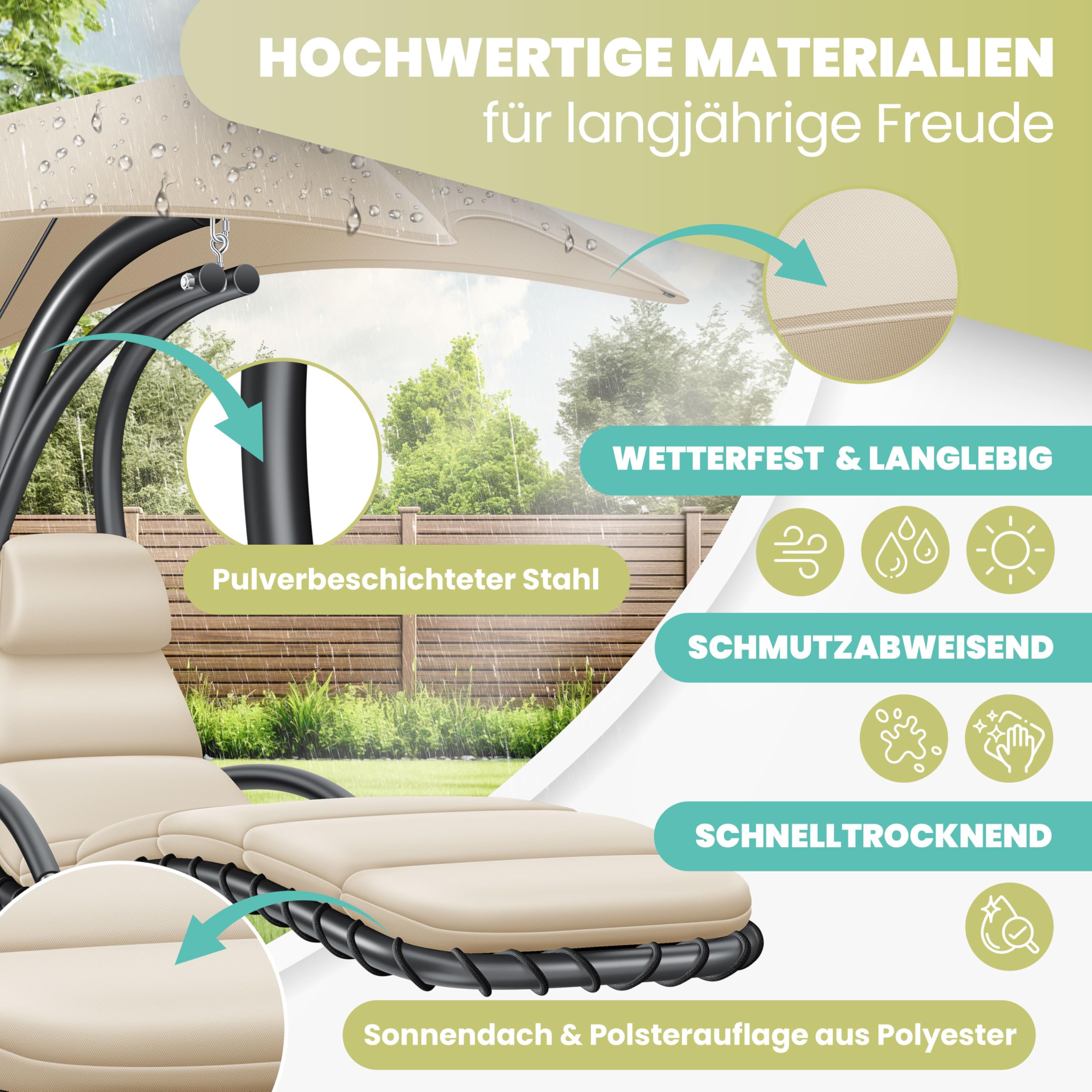 KESSER® Leżak wiszący z parasolem przeciwsłonecznym, wys. 200, dł. 194, szer. 100 cm, leżak relaksacyjny, hamak, obciążenie do 120 kg, leżanka bujana, poduszka na kark, w zestawie torba, Beżowy