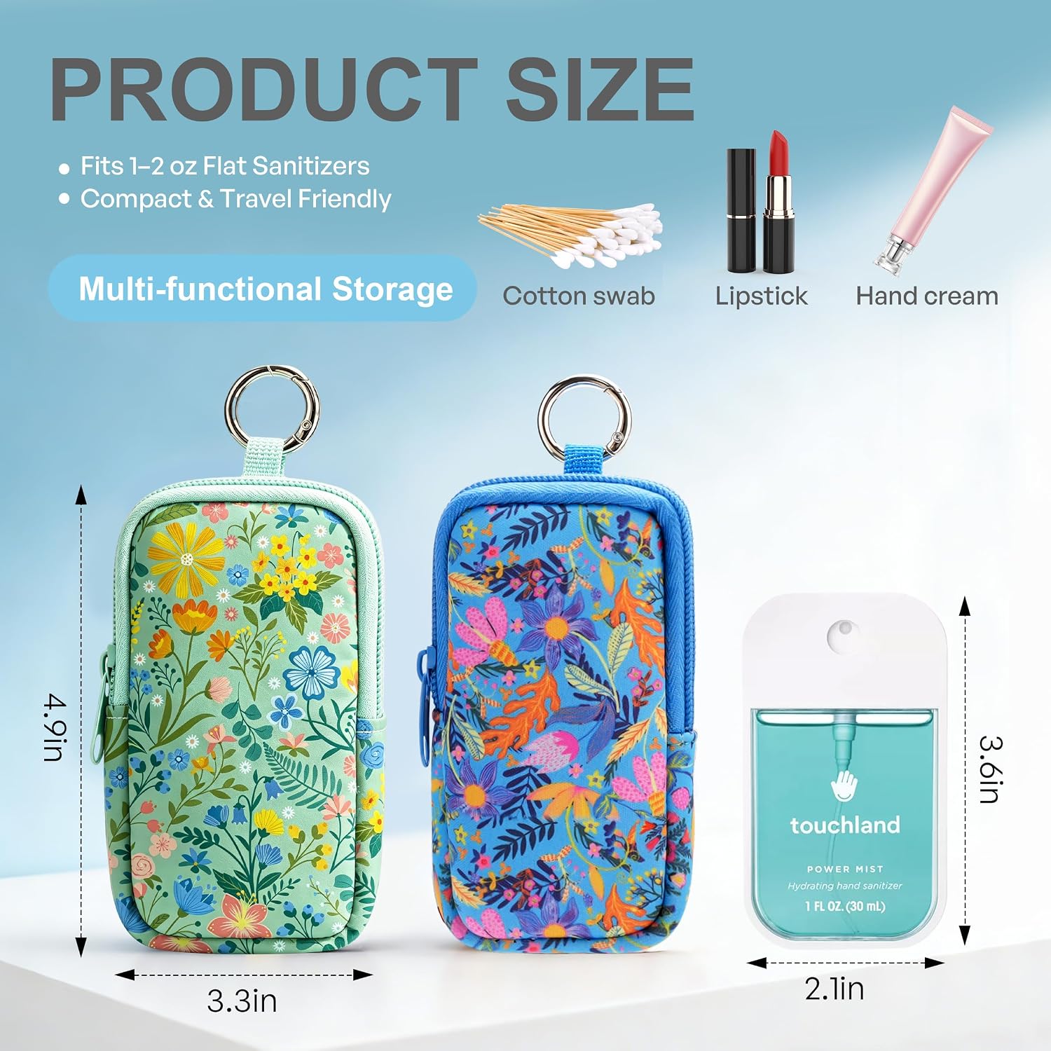 KJQJLY 2 Pack Hand Sanitizer Holder Pouch, Zippered Portable Sanitizer Case with Cute Pattern, Keychain D-Ring for Purse, Backpack & Travel image 2