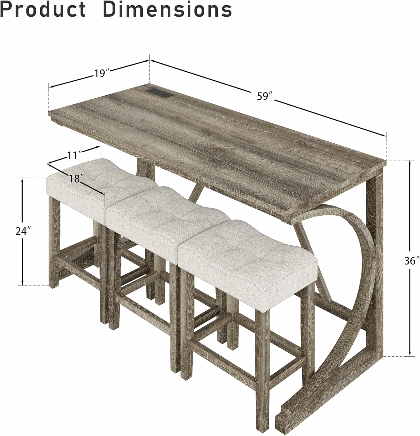 allamazing 4-Piece Counter High Bar Table Set with Socket and 3 Fabric Padded Bar Stools, Tall Kitchen Breakfast Nook with Stool (1+3 Natural)