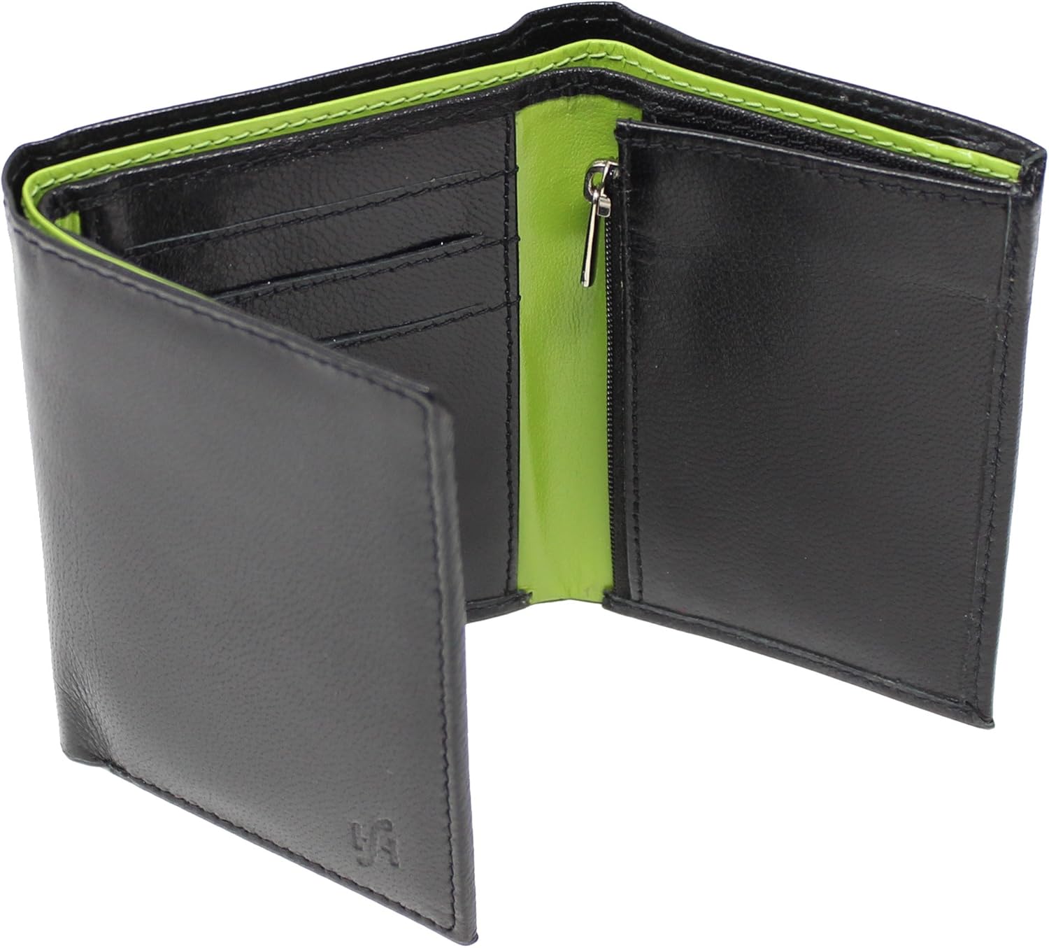 STARHIDE RFID Blocking Tall Genuine Goat Leather Trifold Zip Wallet Gift Boxed 615 (Black/Green)