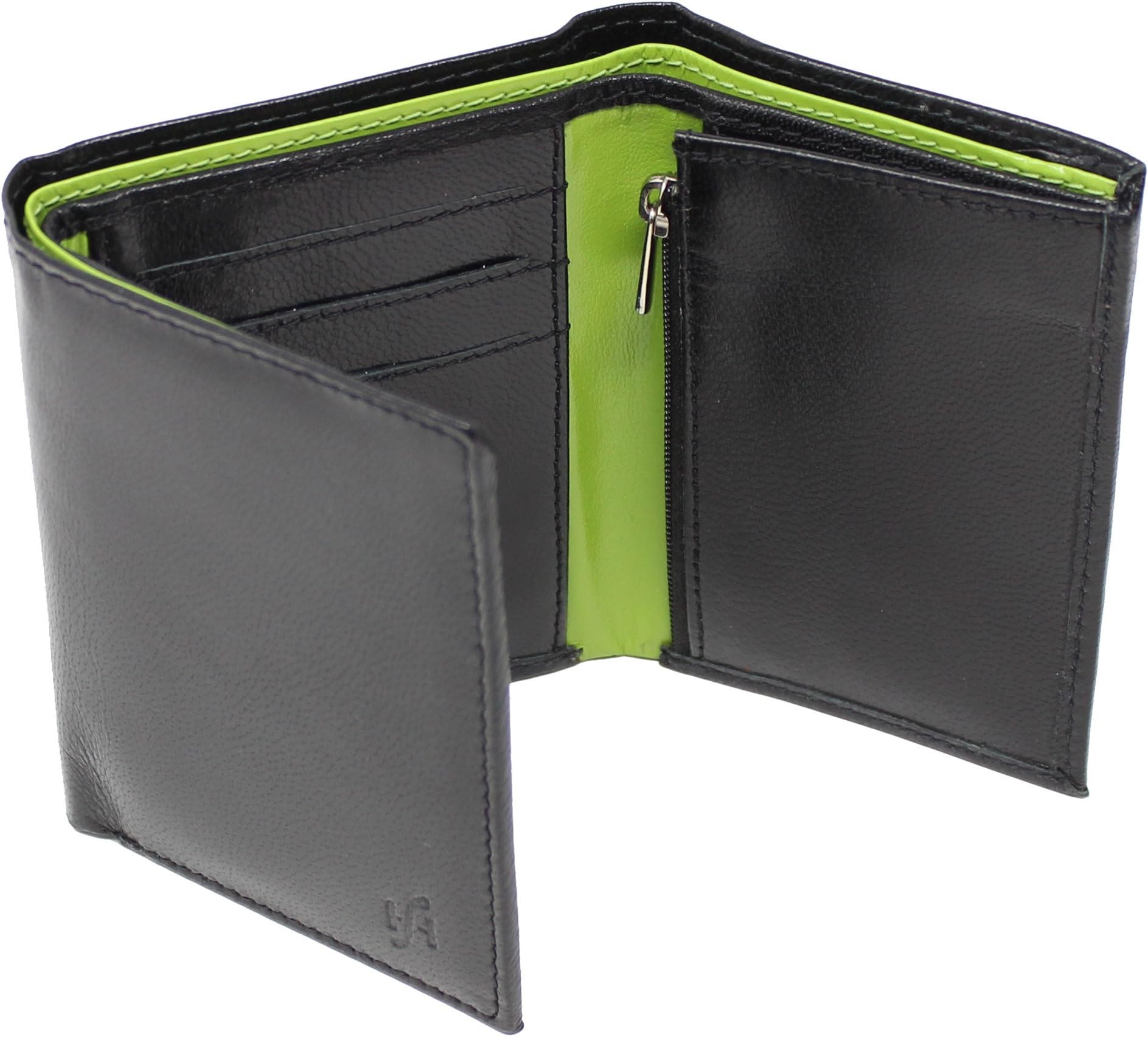 Mans RFID Blocking Slim Portrait Wallet Genuine Goat Leather Trifold Purse Gift Boxed 615 (Black/Green)