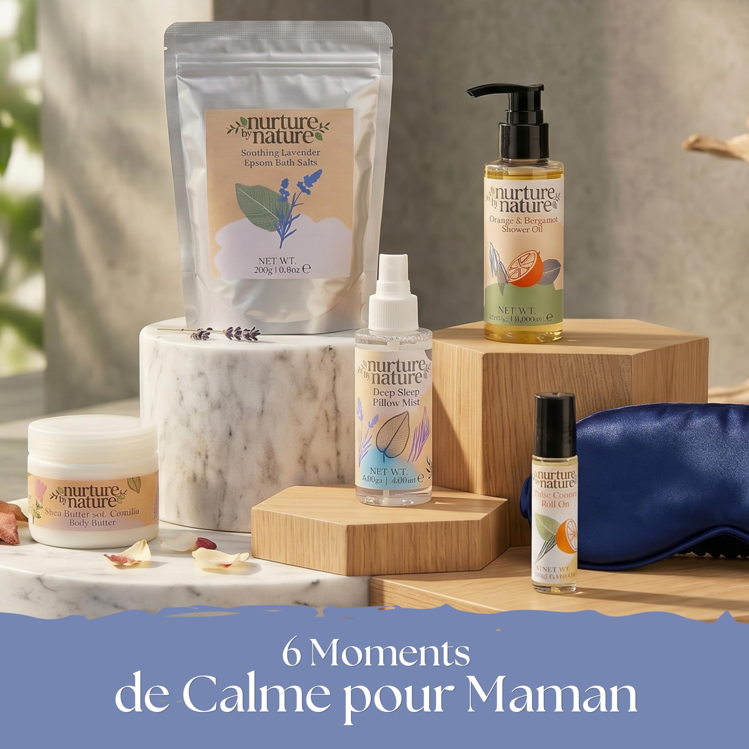 Nurture by Nature Botanicals Cadeaux maman, Beurre corporel, Huile de douche, Roll-on d'huile essentielle, Sels de bain d'Epsom, Masque les yeux en soie, Nouvelle maman, Cadeau de grossesse Orange