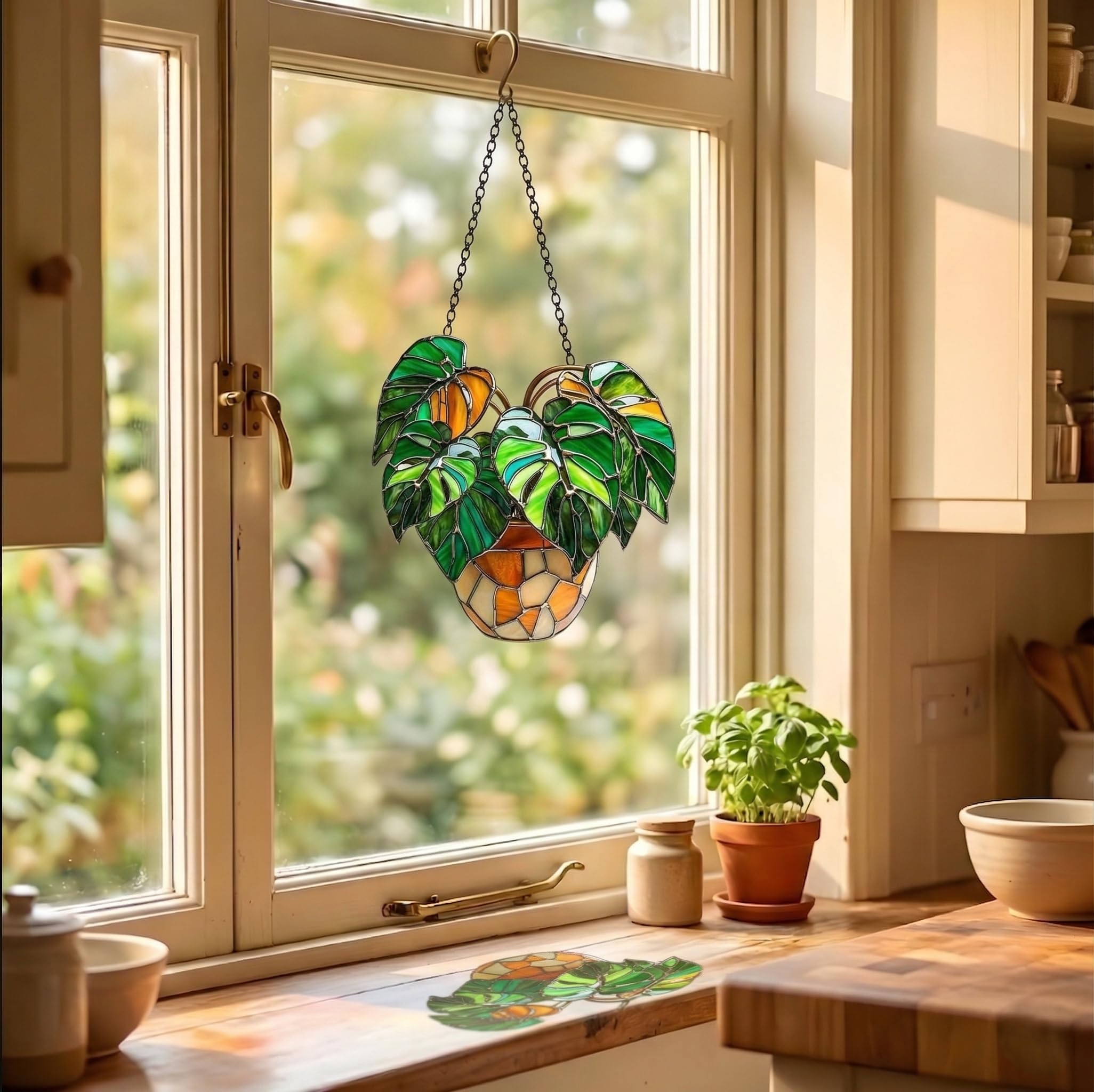 Monstera - Atrapasueños de resina hecho a mano, atrapasueños artesanal, efecto vitral, para colgar en ventanas, decoración de jardín, regalo para mujeres