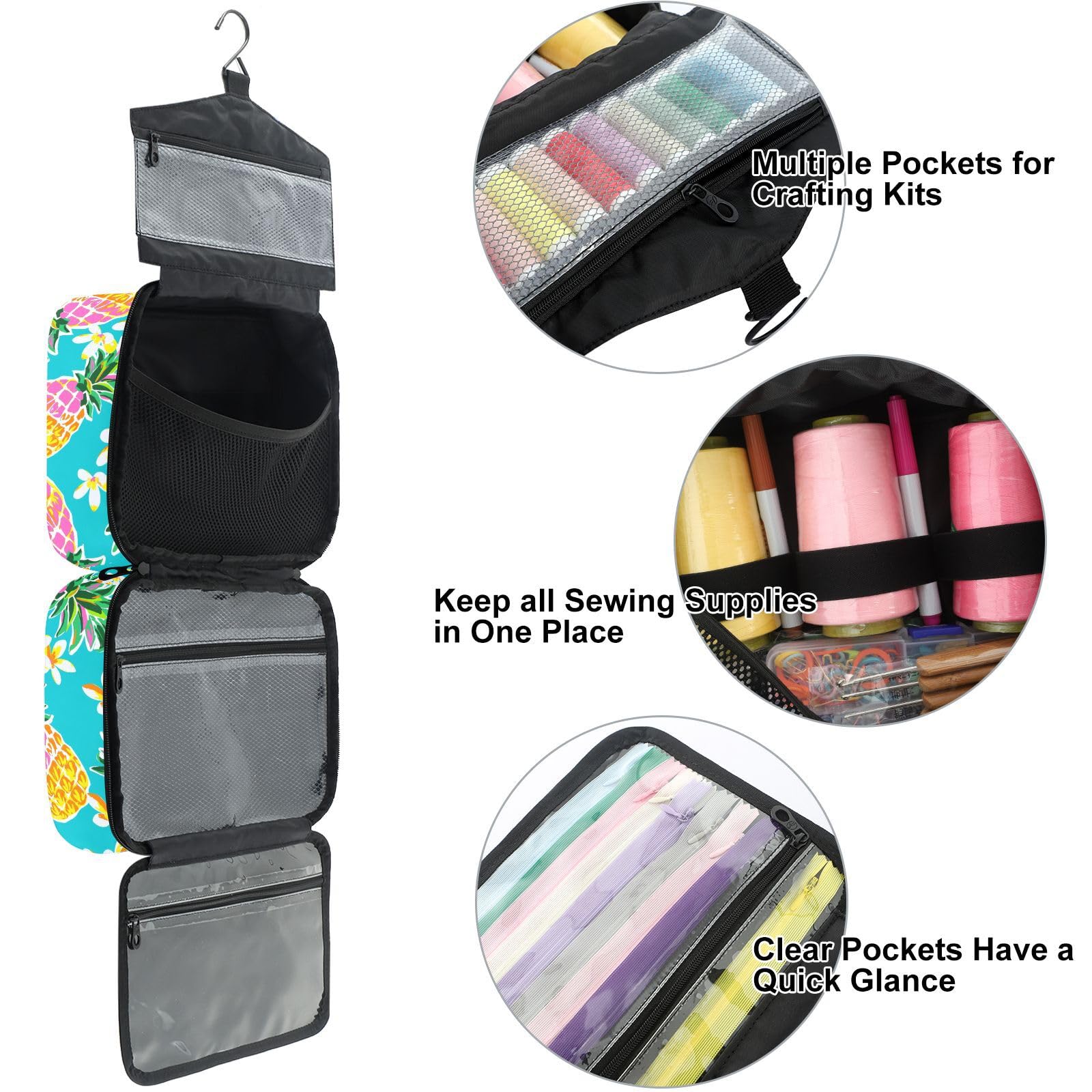 YNNALE Sewing Supply Organizer Bag, Tropical Floral PineapplesPortable Sewing Bags with Pockets&Hanger, Sewing Storage Box Case for Sew Supplies/Kit/Tools/Accessories (BAG ONLY)