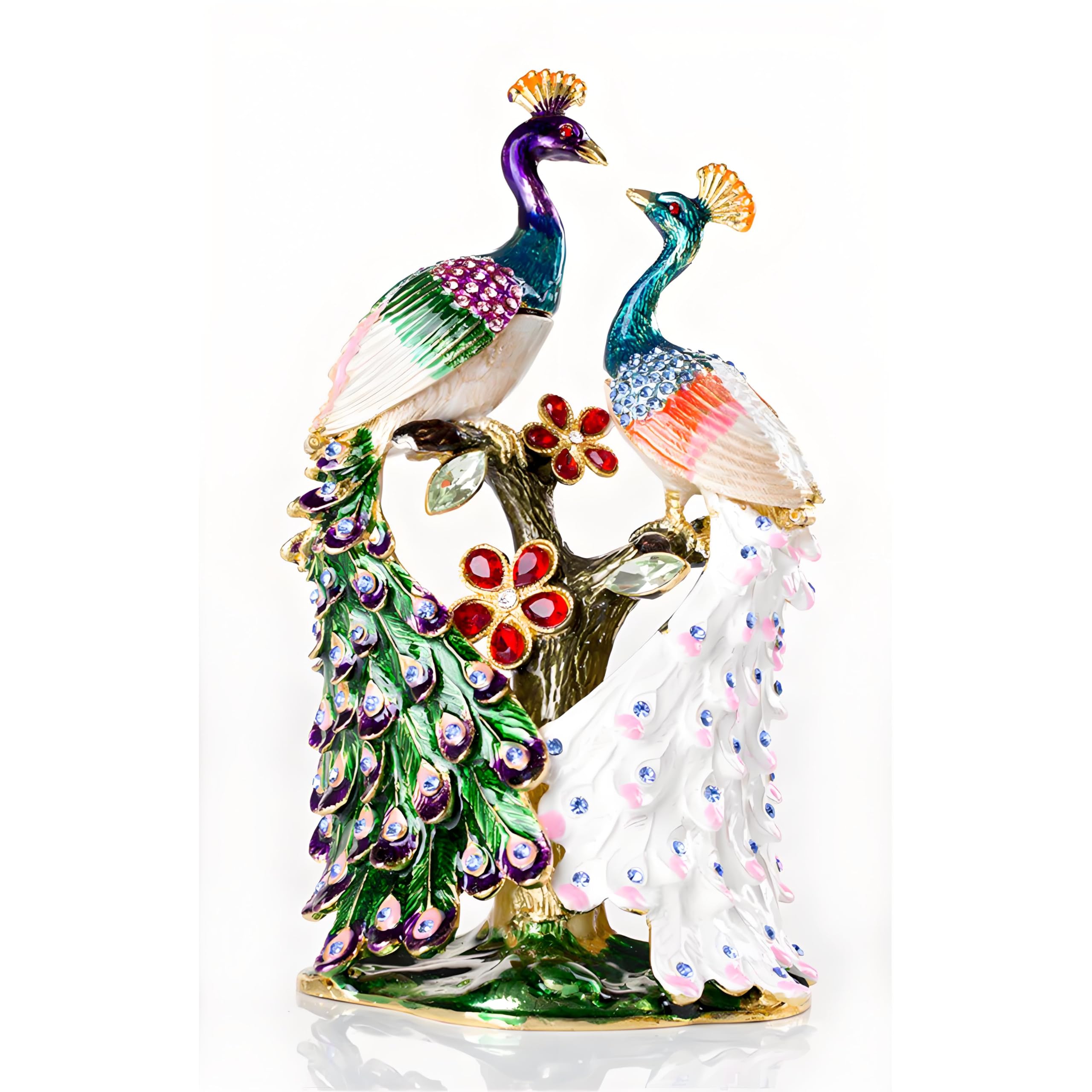 SEVENBEES Hand Painted Pair of Peacocks Figurine Enamel Hinged Jewelry Trinket Box