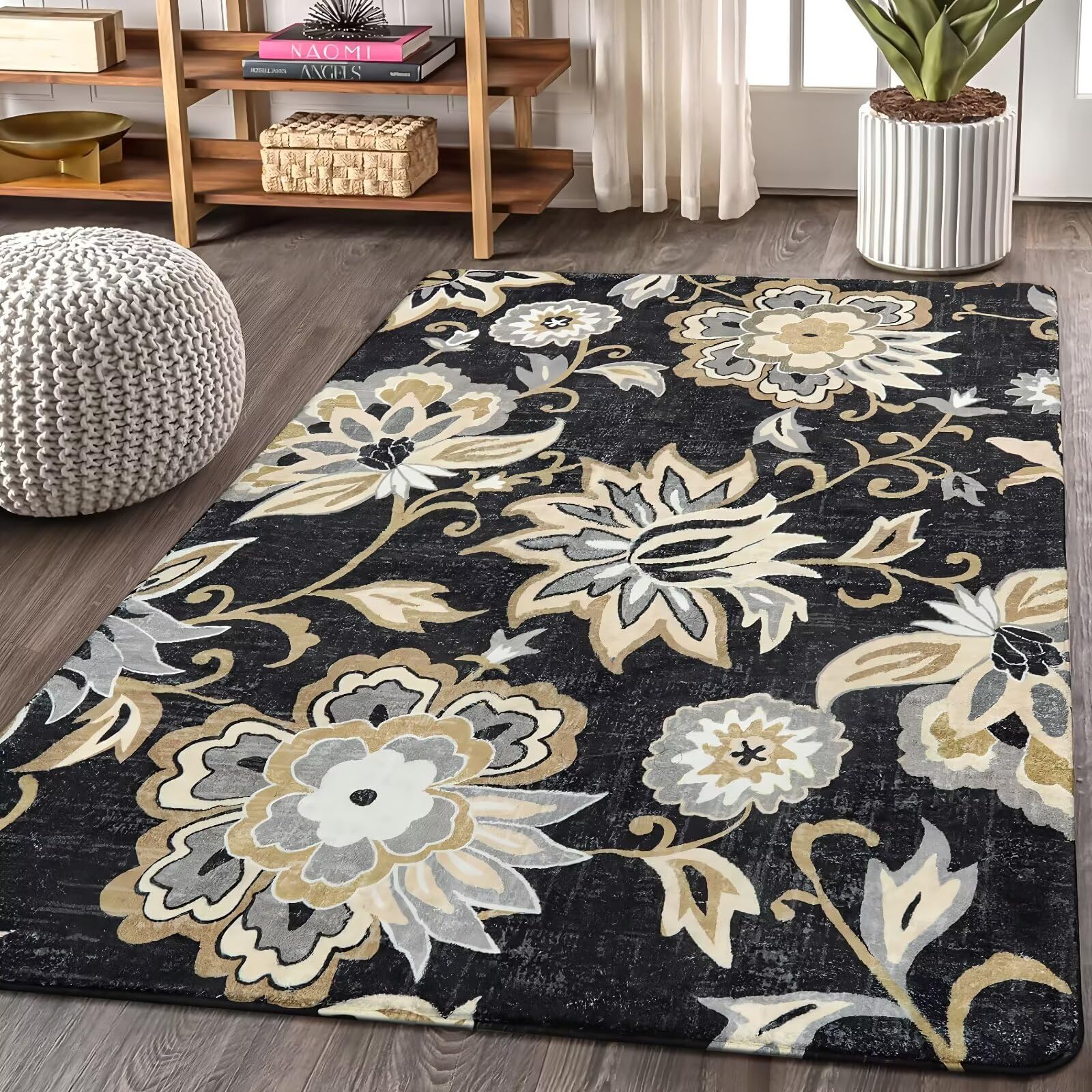 Tapis Sol Lavable en Machine 180x280cm,Tapis Grande Taille Noir,Motif Floral pour Décoration,Balcon,Bureau