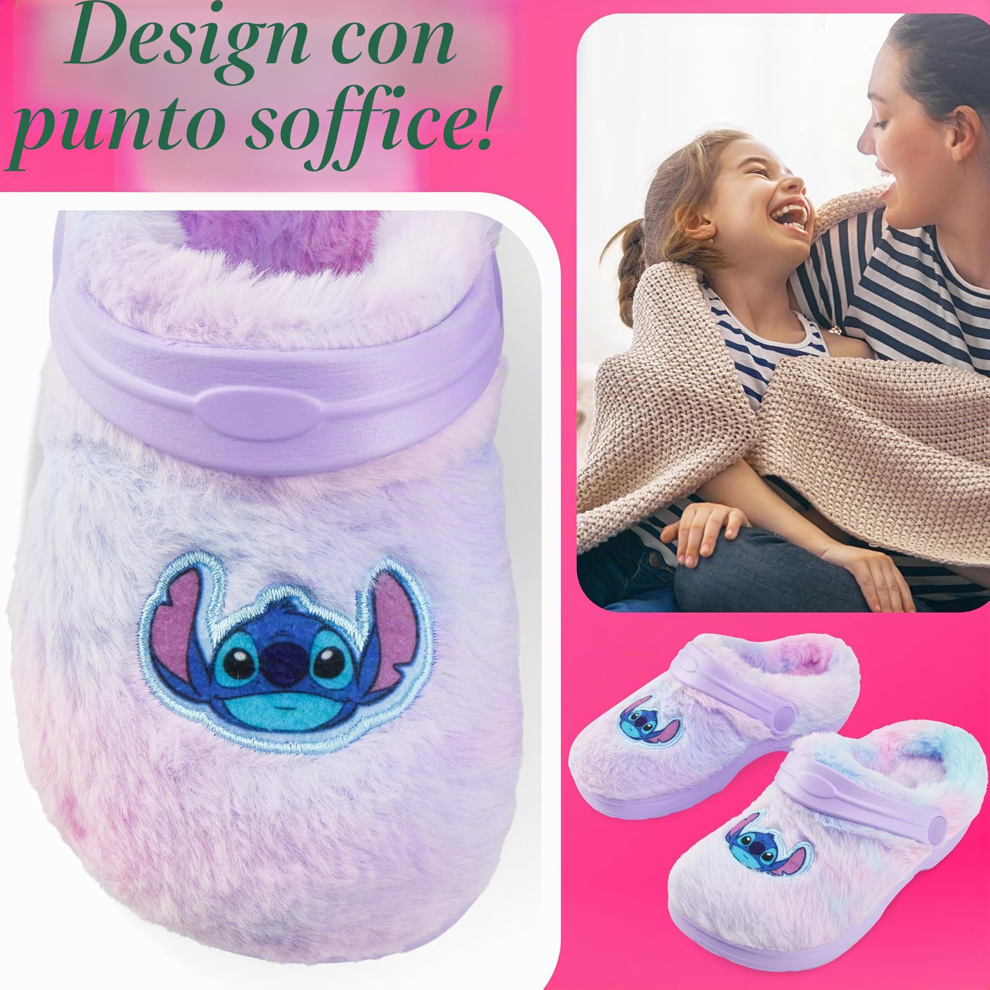 Disney Stitch Zoccoli Bambina EU 28-37, Pantofole Invernali Antiscivolo, Eva Suola Cinturino Regolabile, Regali per Lei