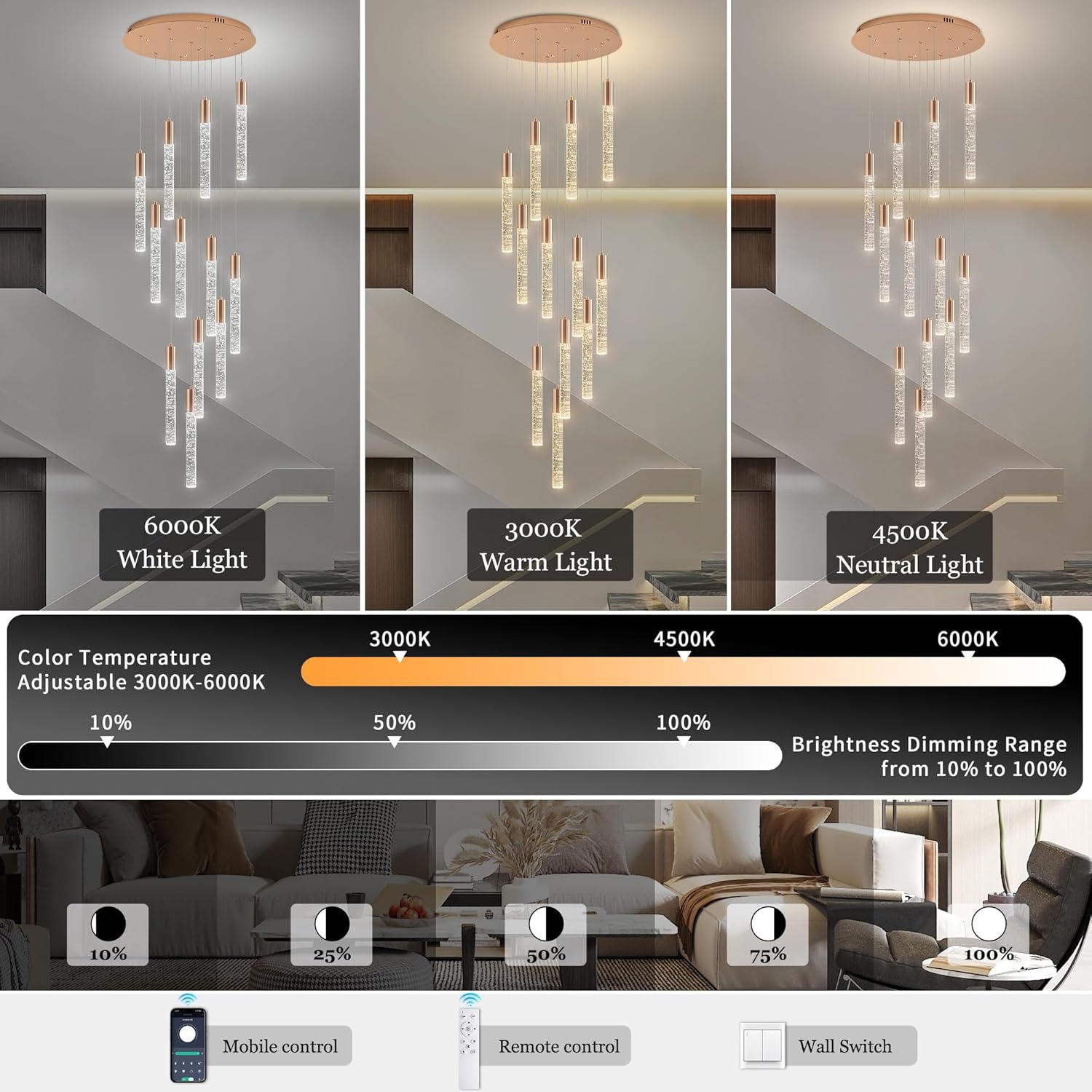 Modern High Ceiling Crystal Chandelier 12-Lights, Large Spiral LED Raindrop Foyer Pendant Lighting, Bubble Staircase Living Room Hanging Light Fixture Flush Mount Gold