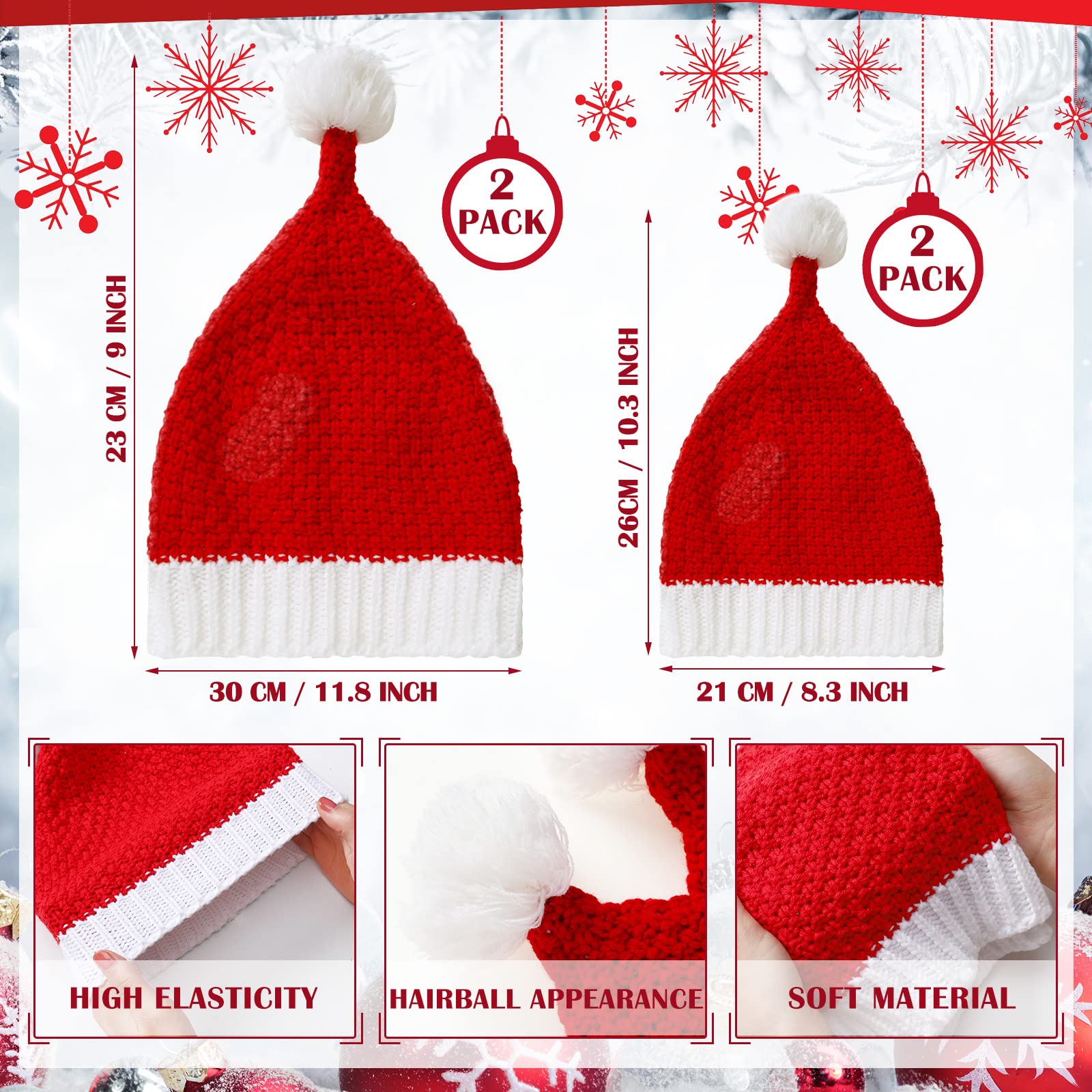 Weihnachtsmütze für die Familie, passende Weihnachtsmütze, rot und weiß, gestrickt, gehäkelt, Weihnachtsmannmütze mit Bommel, warm, für Eltern und Kinder, 4 Stück