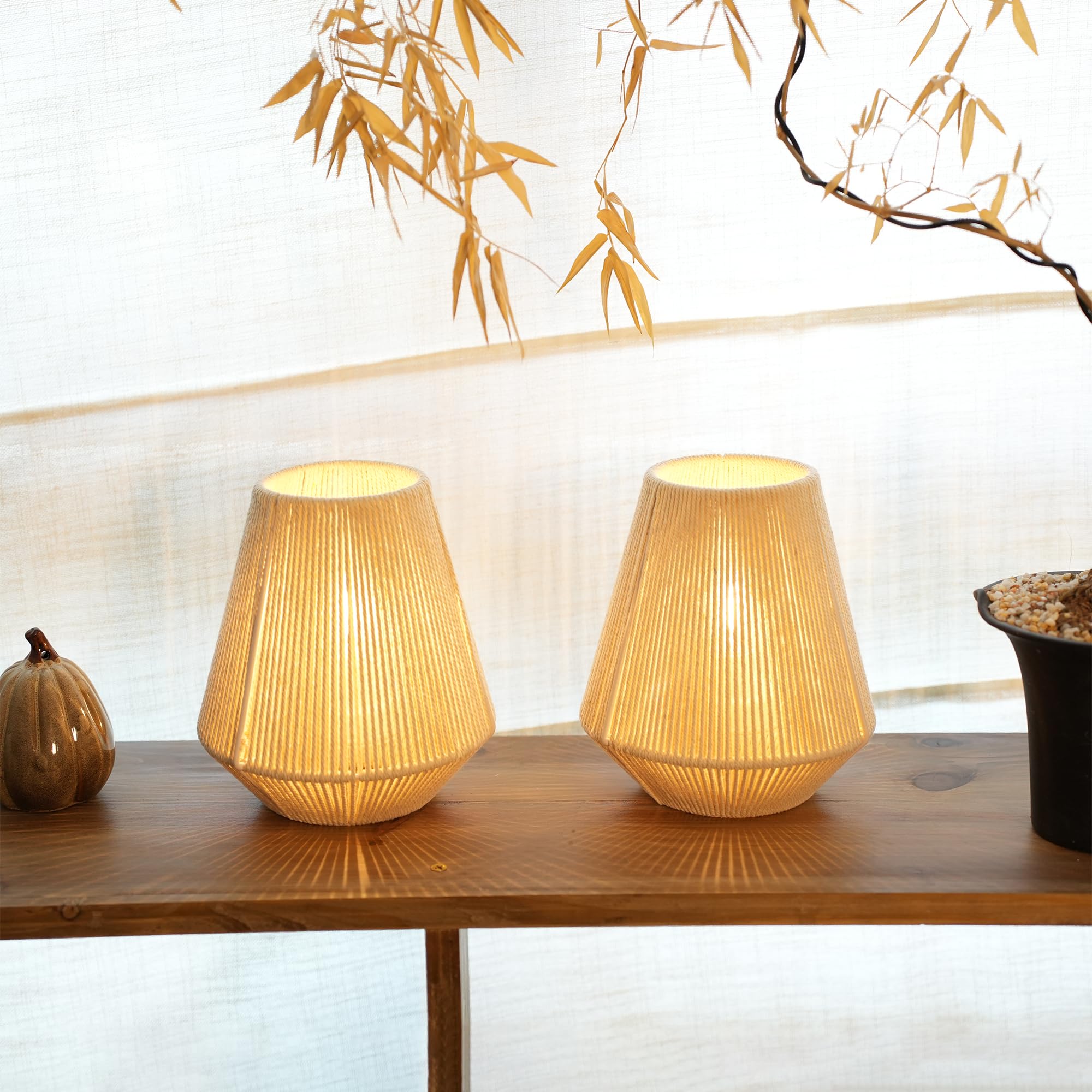 JHY DESIGN Set di 2 lampade da tavolo con paralume in tessuto, altezza 21 cm, corda di cotone, luci da comodino, senza fili, decorative, a batteria, con timer di 6 ore, per camera da letto, soggiorno