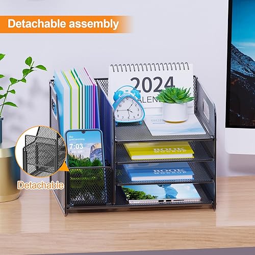 Miniatura 6 de Organizador de escritorio de malla de 4 niveles con soporte para archivos, organizador de suministros de oficina para accesorios de espacio de