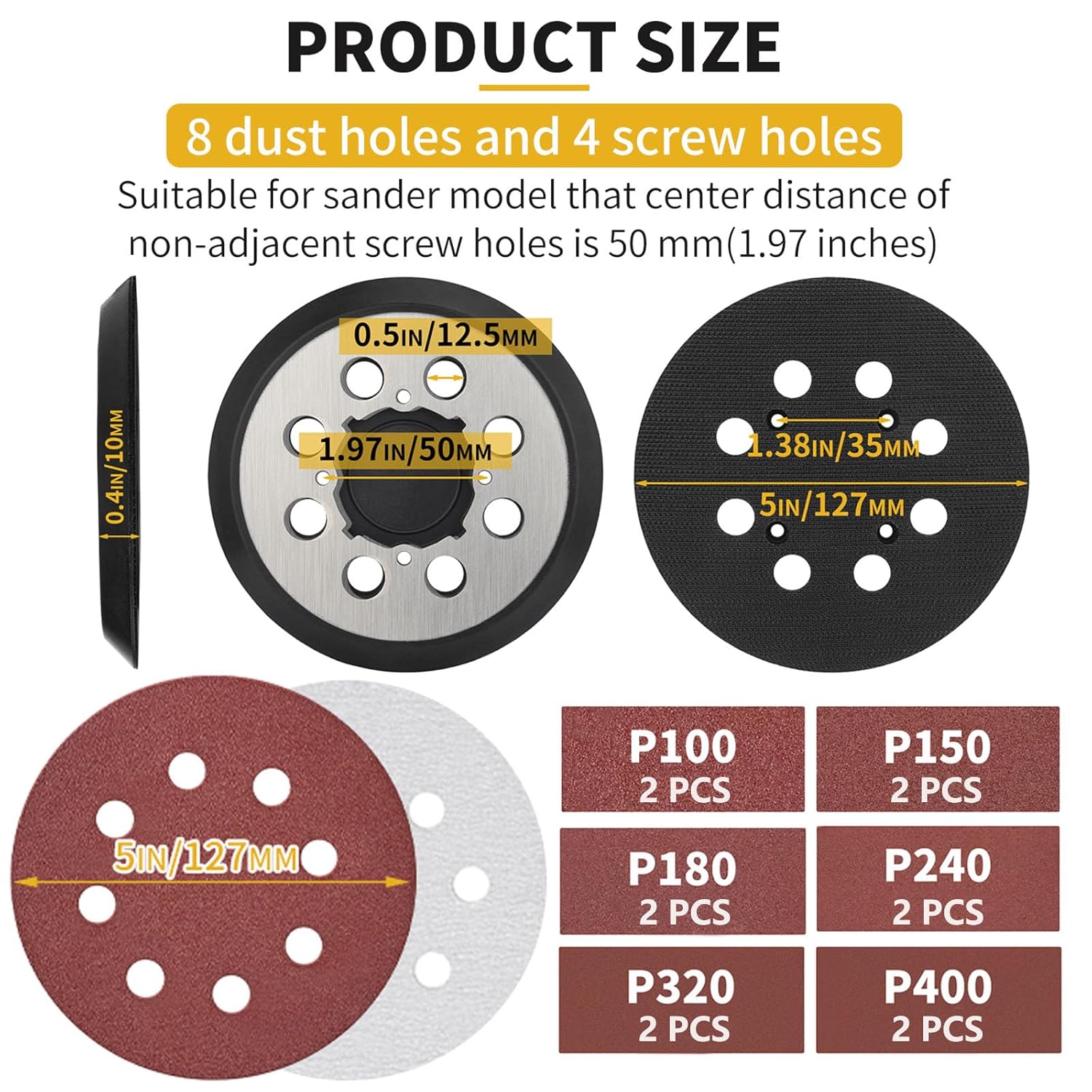 5 Inch Hook Loop Sander Metal Pad & 12 PCS Sanding Discs Compatible with DeWalt DWE6423 DWE6423K DWE6421 DWE6421K DCW210B Random Orbital Sander & Sanding Discs 100 150 180 240 320 400 Grits