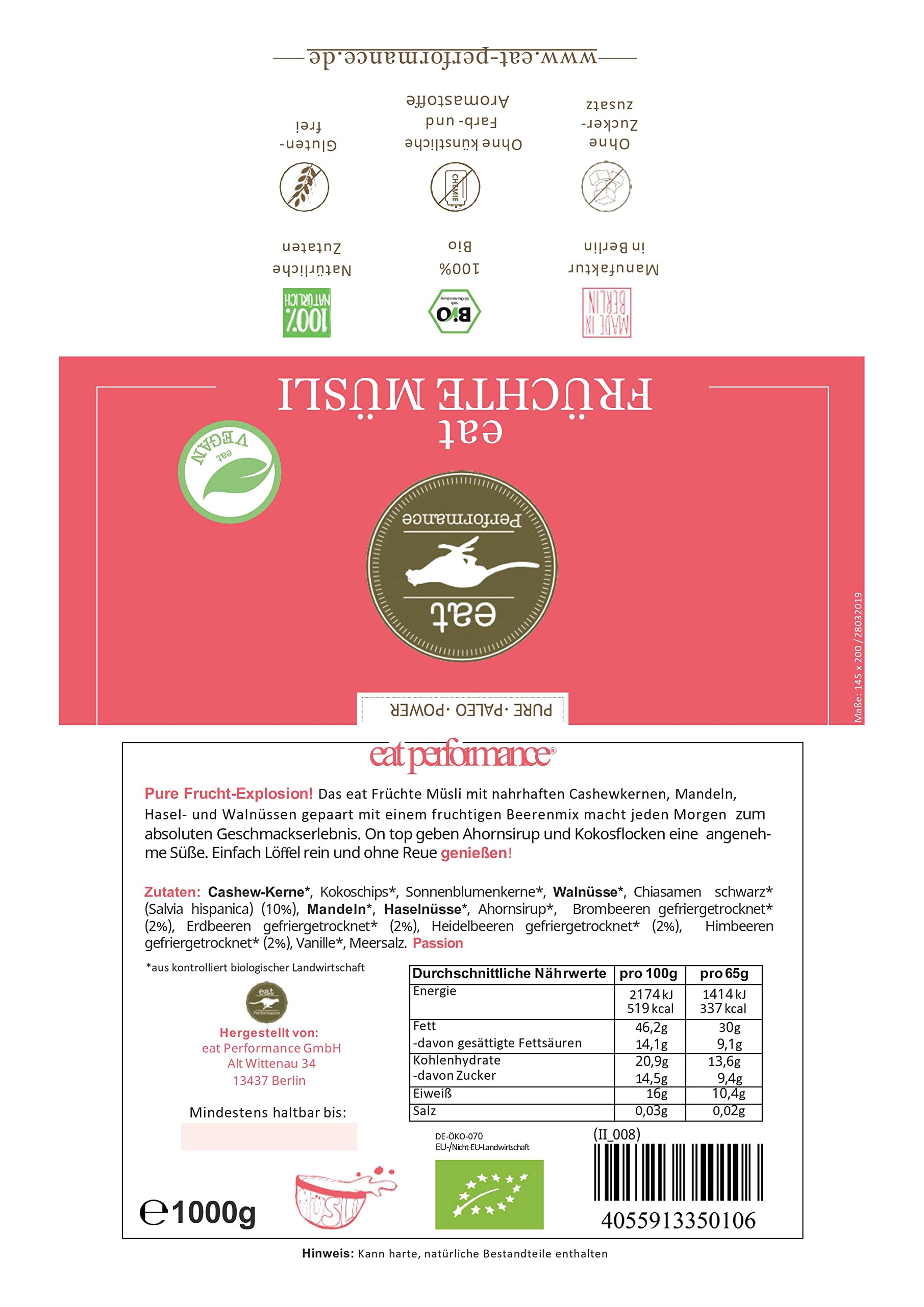 eat Performance® Müsli Früchte (2x 1000g) – Proteinreiches Paleo Müsli aus 100% natürlichen Bio-Zutaten – glutenfrei, getreidefrei, vegan & ohne Zuckerzusatz – Gesunde Früchte Granola