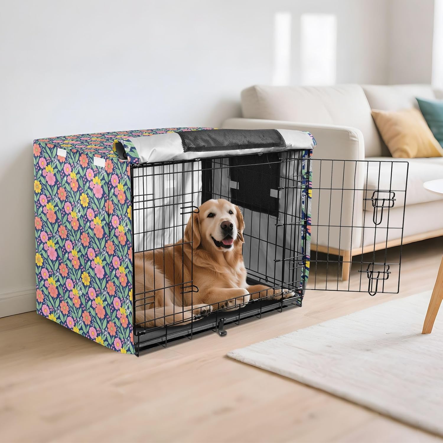 Floral Navy Blue Dog Cage Covers Pets Kennel Covers Roller Shades 48 Inch