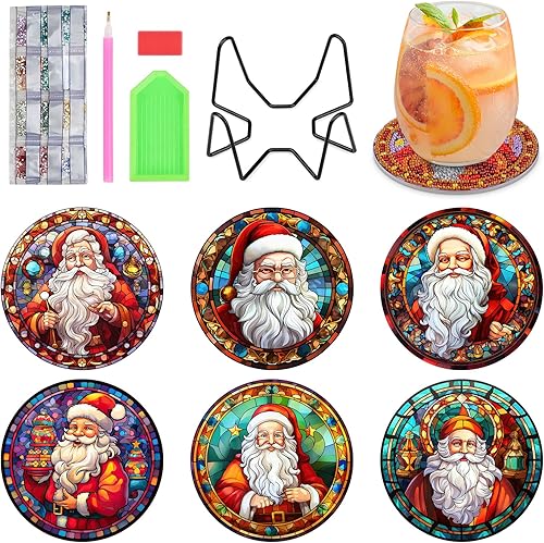 Juego de 6 posavasos de pintura de diamantes de Papá Noel para bebidas con soporte, juegos de posavasos de arte de diamantes de Papá Noel para