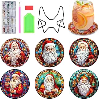 MXJSUA 6 Pcs Santa Claus Diamond Painting Coasters Kits for Drinks with Holder, Christmas Santa Claus Diamond Art Coaster Sets for Christmas Holiday Housewarming Gift Home Room Kitchen Bar Decoration