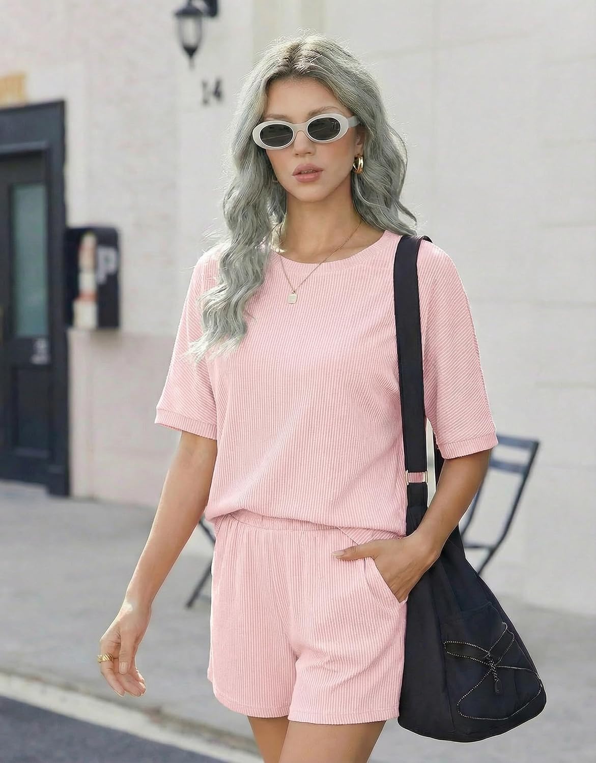 Ekouaer Women 2 Piece Lounge Set 2026 Summer Cruise Outfits Ribbed Loose Short Sleeve Matching Sets with pocket