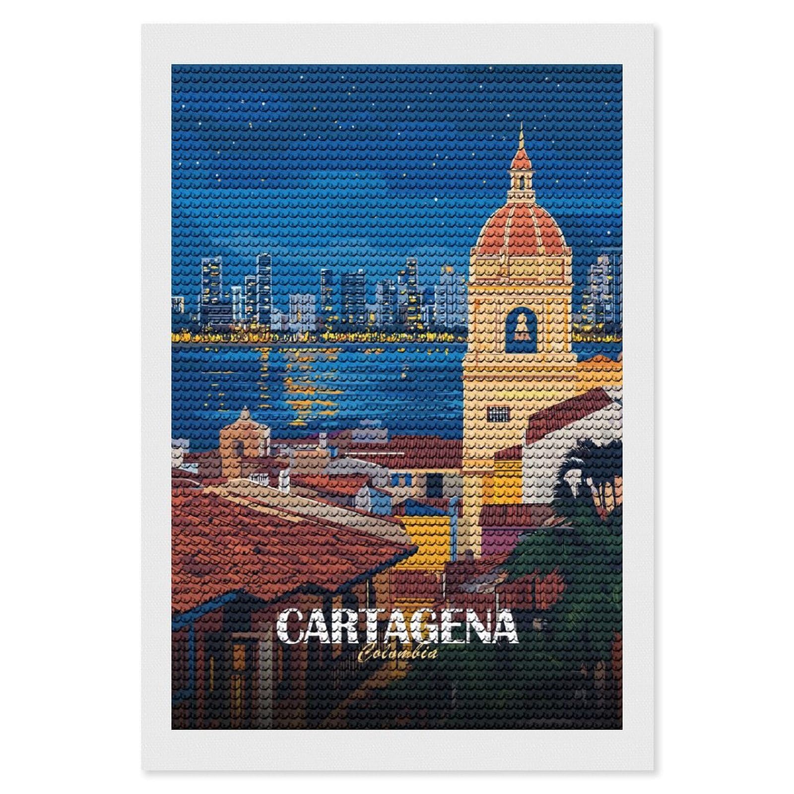 Junmoney Cartagena Colombia Cityscape at Night Diamond Painting Canvas Kit 8"x12", Adhesive Canvas, Christmas Gift, Full Kit Included, Thoughtful Present