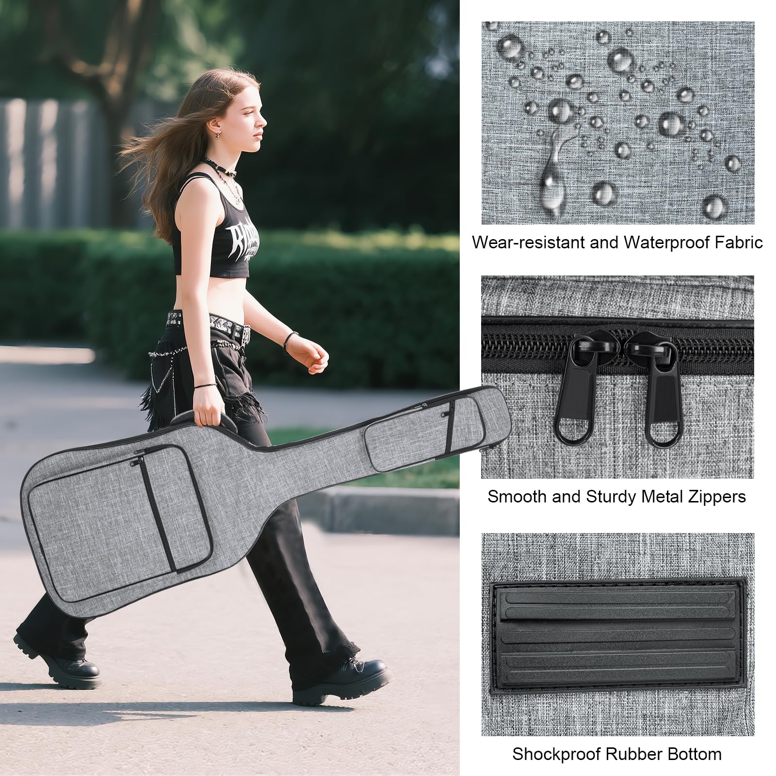 Gigbag für E-Bass, 11 mm Polsterung, 11 mm, Tasche für E-Bass, Bassgitarre, Rucksack mit Umhängeband und 4 Taschen, Grau