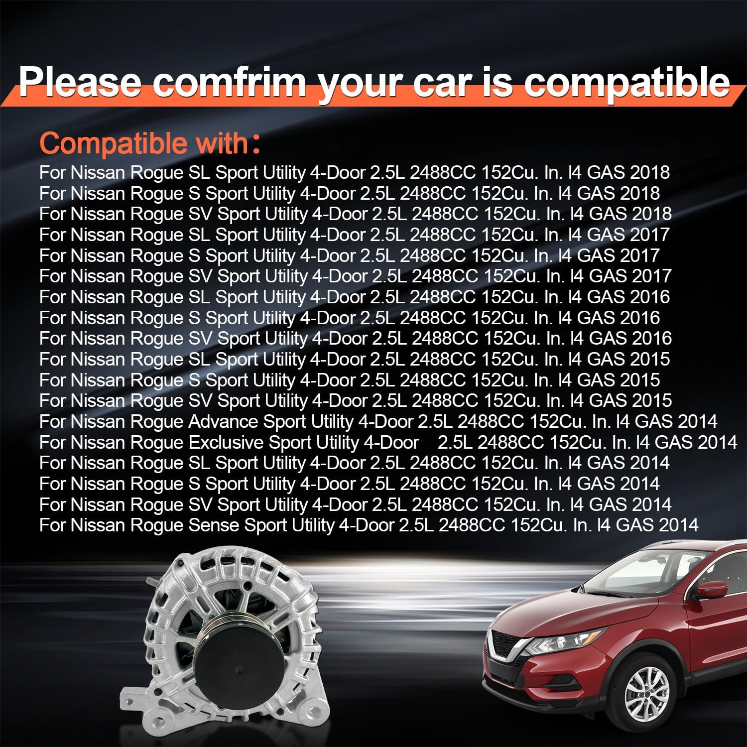 12V 120A 23100-4BA0A Alternator Compatible with Nissan Rogue L4 2.5L For Nissan XTrail 2.5L L4 2014-2018 6-Groove CW Internal Fan & Regulator Replace 231004BA0A 23100-4BA0B TG12C152