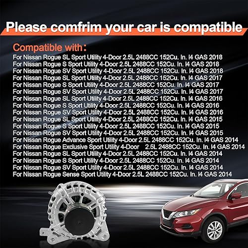 Miniatura 3 de VANPERT Alternador 23100-4BA0A, 23100-4BA0B, TG12C152 para Nissan Rogue L4 2.5L 2014-2018, para Xtrail 2014-2018 12V 120A Embrague de 6 ranuras