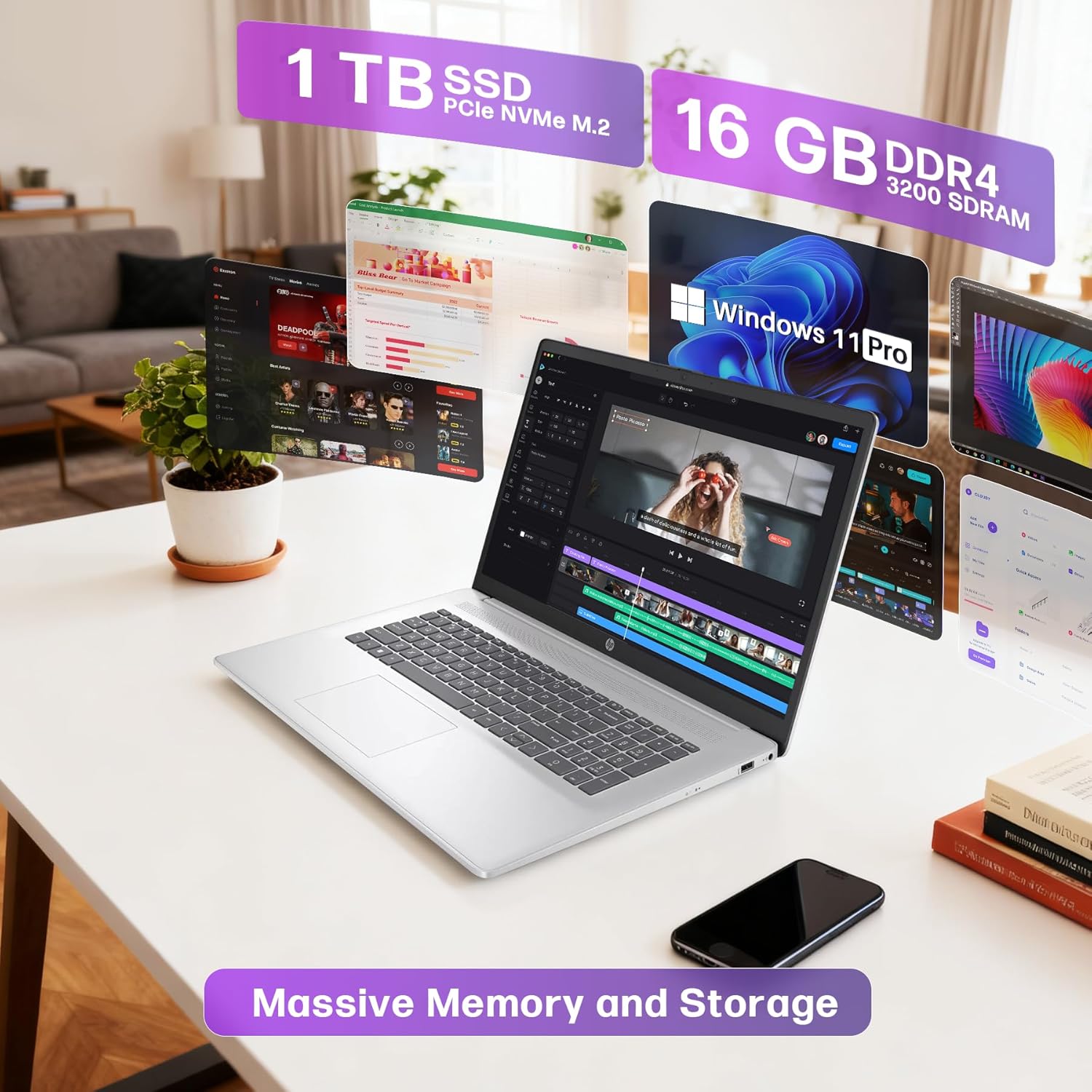 HP 17 inch Touchscreen Laptop Computer 2026, 32GB RAM, 1TB SSD, AMD Ryzen 5 7430U(Max 4.3GHz), Windows 11 Pro, Copilot AI, 17.3” HD+ Touch Display, Wi-Fi 6, Bluetooth 5.4, HD Cam, Accessories