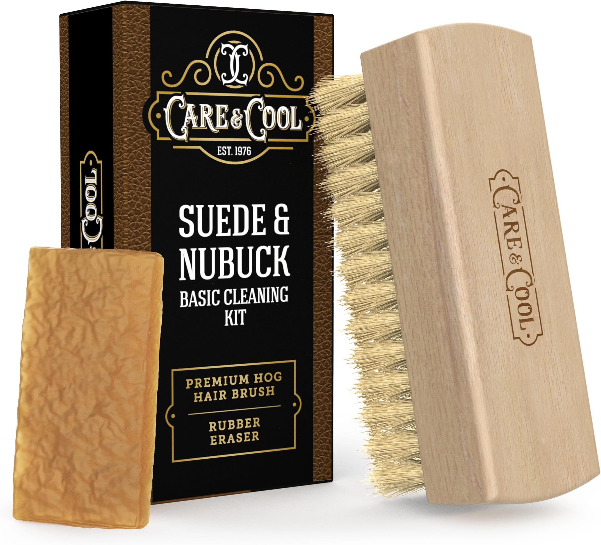 Suede and Nubuck Cleaning Premium Hog Hair Brush 3.94"x1.38" and Rubber Eraser - Gentle Cleaning, Nap Restoration - Ideal for Suede, Nubuck, Leather, Canvas, Knit