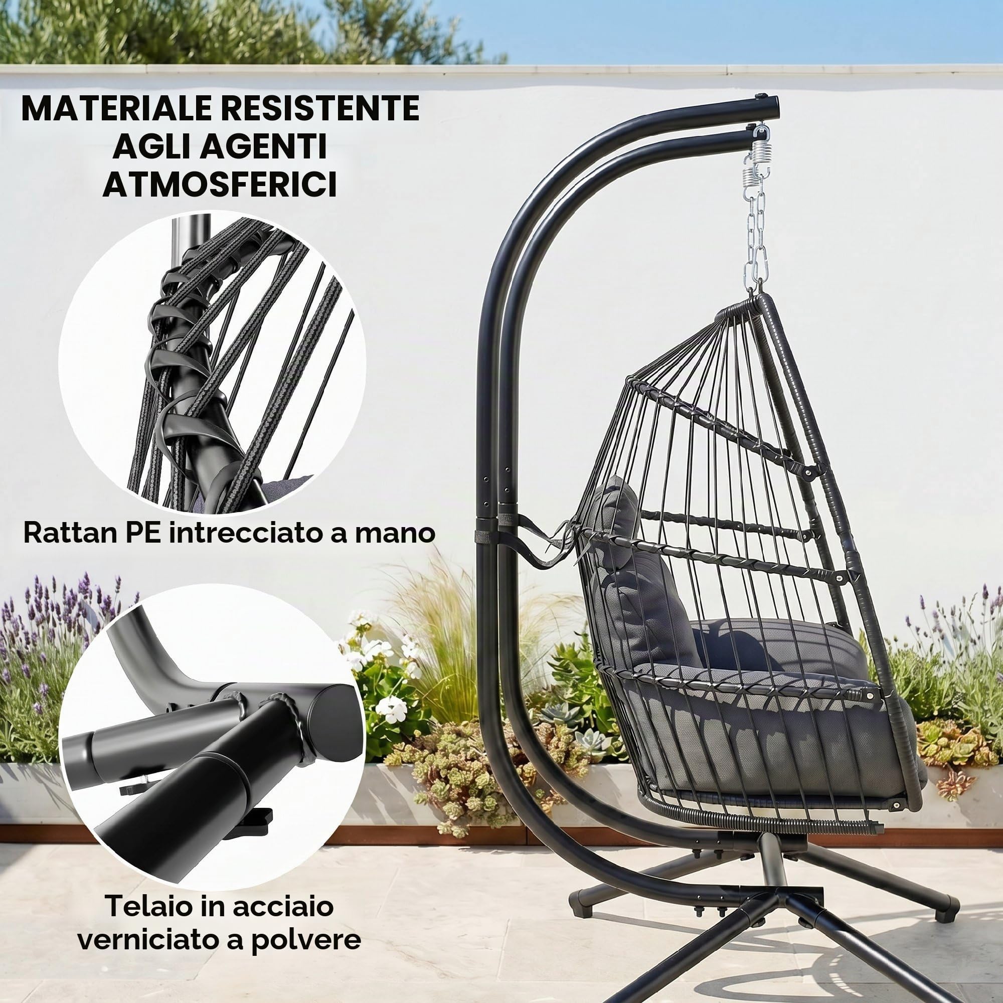 Outsunny Sedia pensile con telaio Cesto pensile pieghevole con cuscino Polyrattan Altalena ergonomica per 2 persone Sedia pensile da esterno Caricabile fino a 260 kg Poltrona per balcone Terrazza
