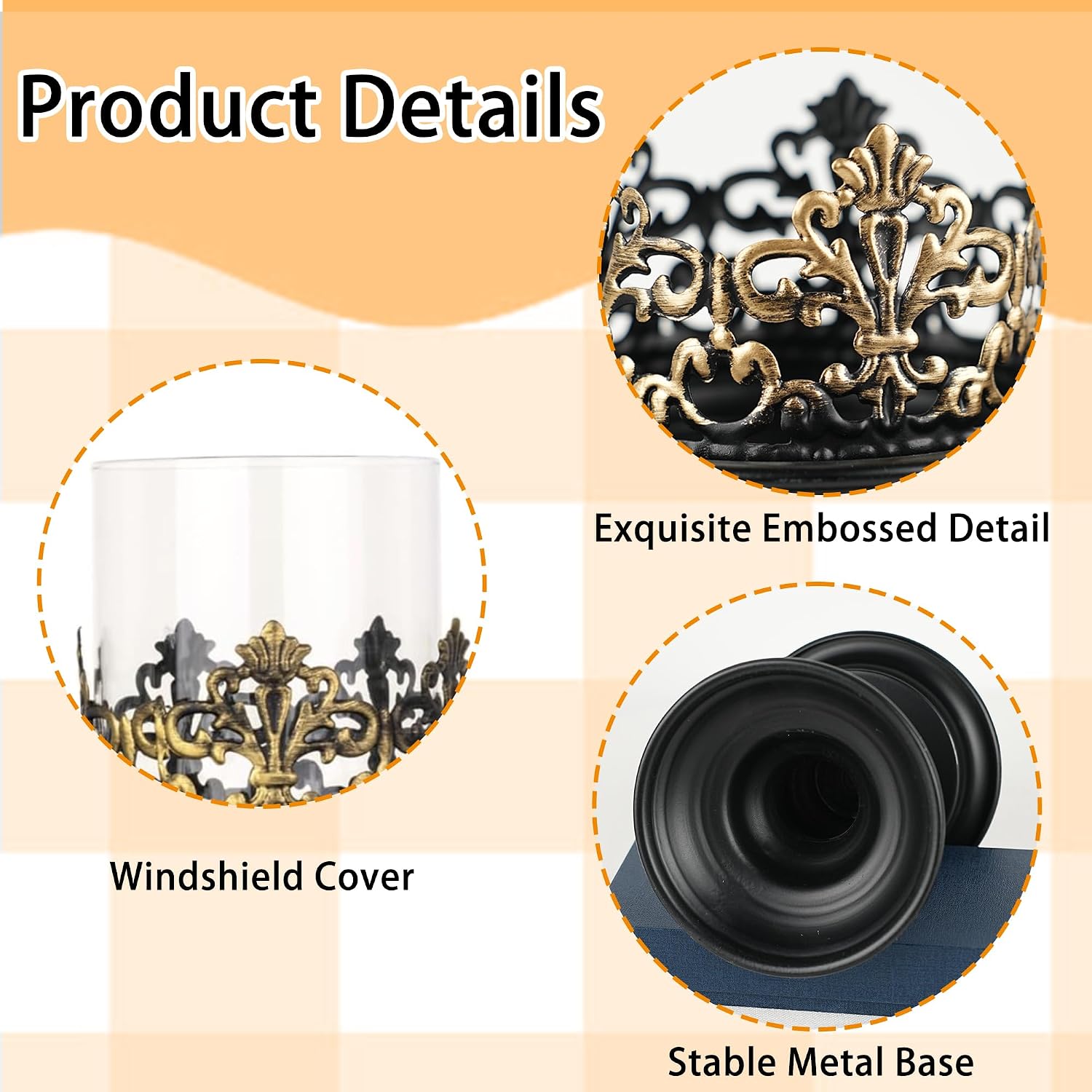 Gothic Hurricane Candle Holders, 2PCS with Glass Sleeve,L+L Black