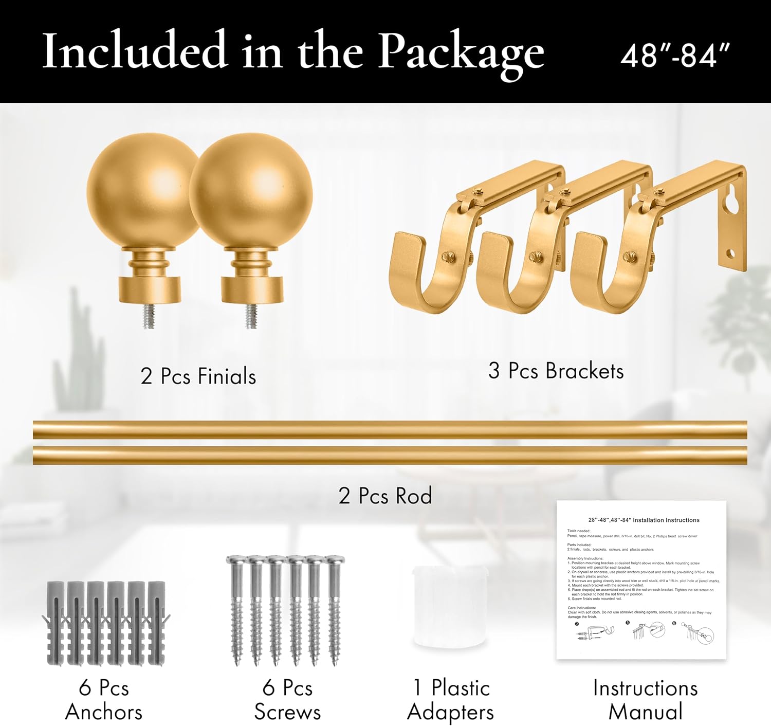 Meriville 1-Inch Diameter Ball Single Window Treatment Curtain Rod, 48-Inch to 84-Inch, Gold