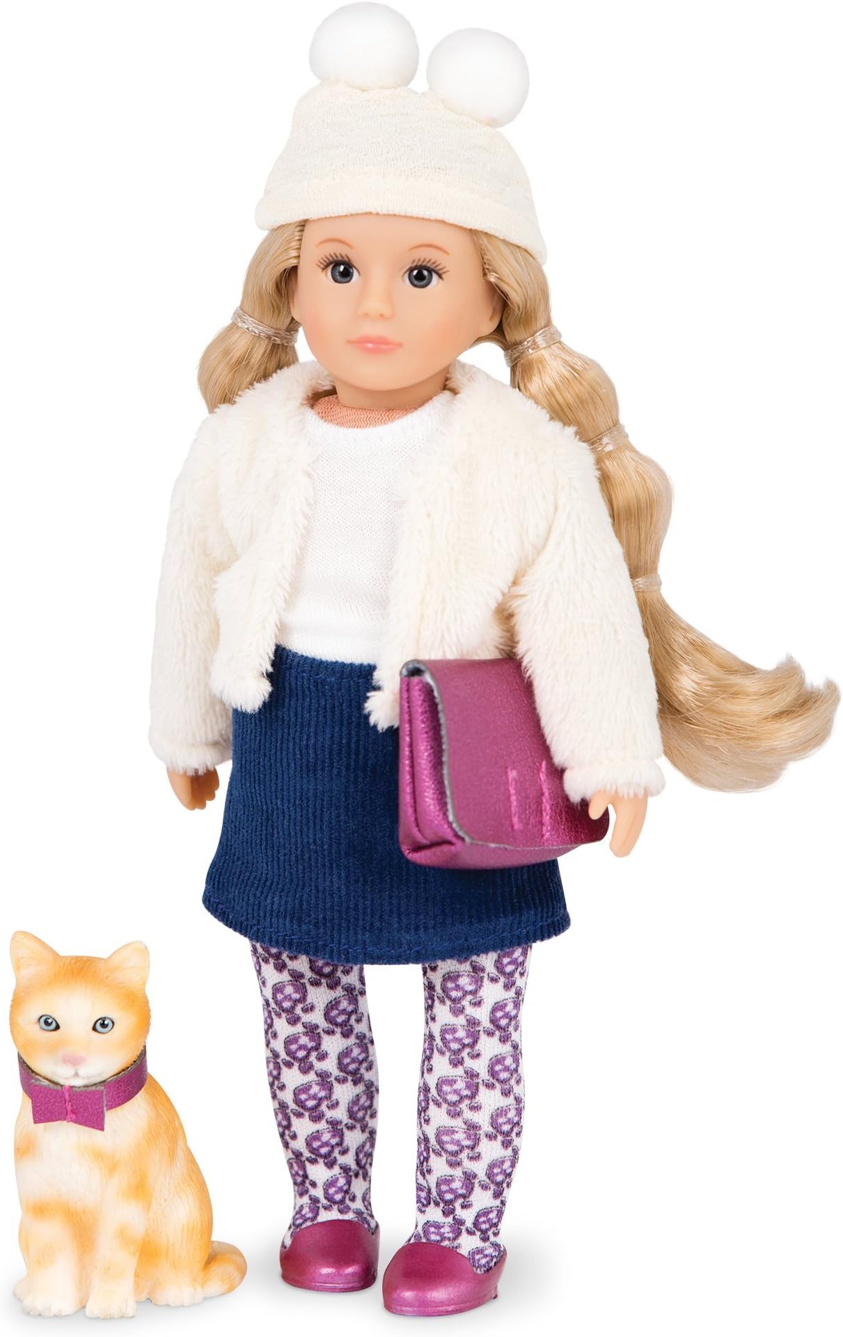 LoriLilith and Cat Clover Doll - Mini Doll 15 cm with Doll Clothes and Brown Long Hair, Bag, Hat - Toy for Children from 3 Years