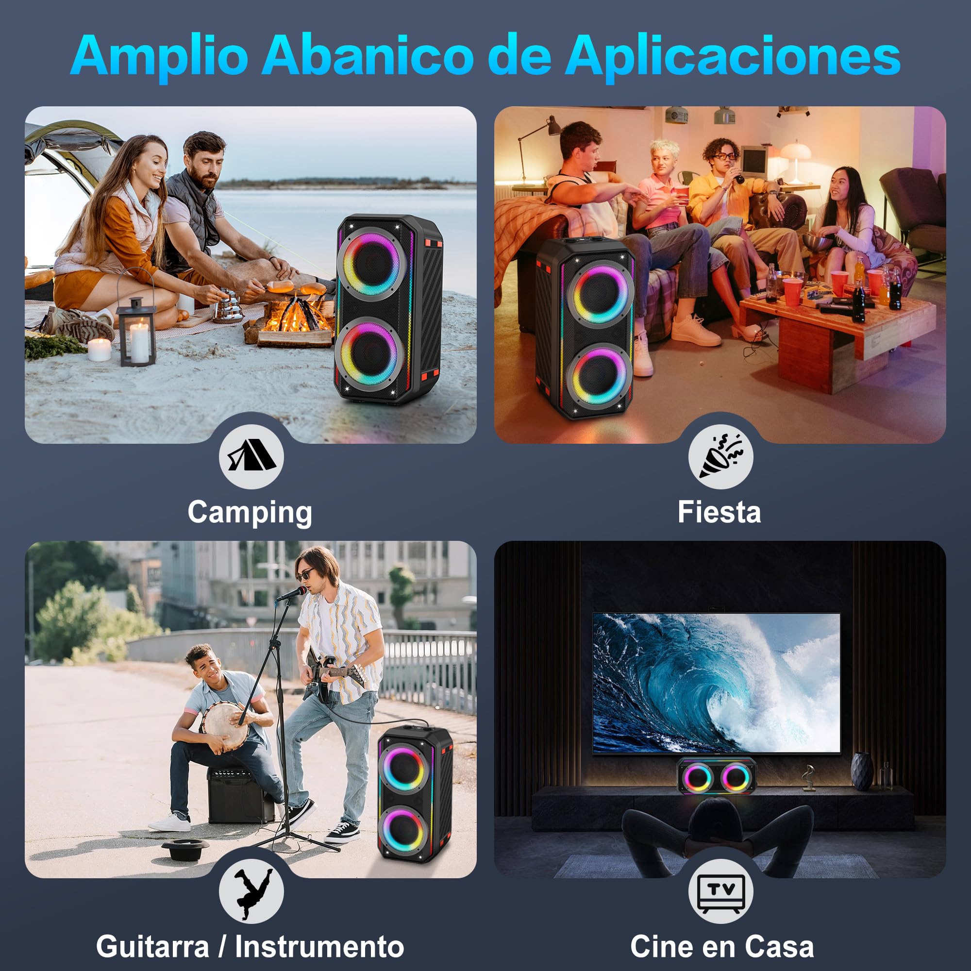 Altavoz Bluetooth, Bocina Boombox Inalámbrica de Potencia Máxima de 300W con Graves Profundos, Altavoces Portátil de Sonido Estéreo Fuerte, Altavoz Grande con Luz LED Para Fiestas al Aire Libre
