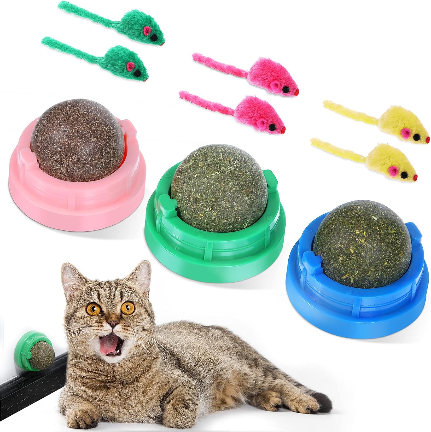 Sumind 3 Pieces Rotatable Catnip Balls with 6 Pieces Cat Mice Toys Rattle Cat Mouse Toys Assorted Color Catnip Edible Balls Edible…