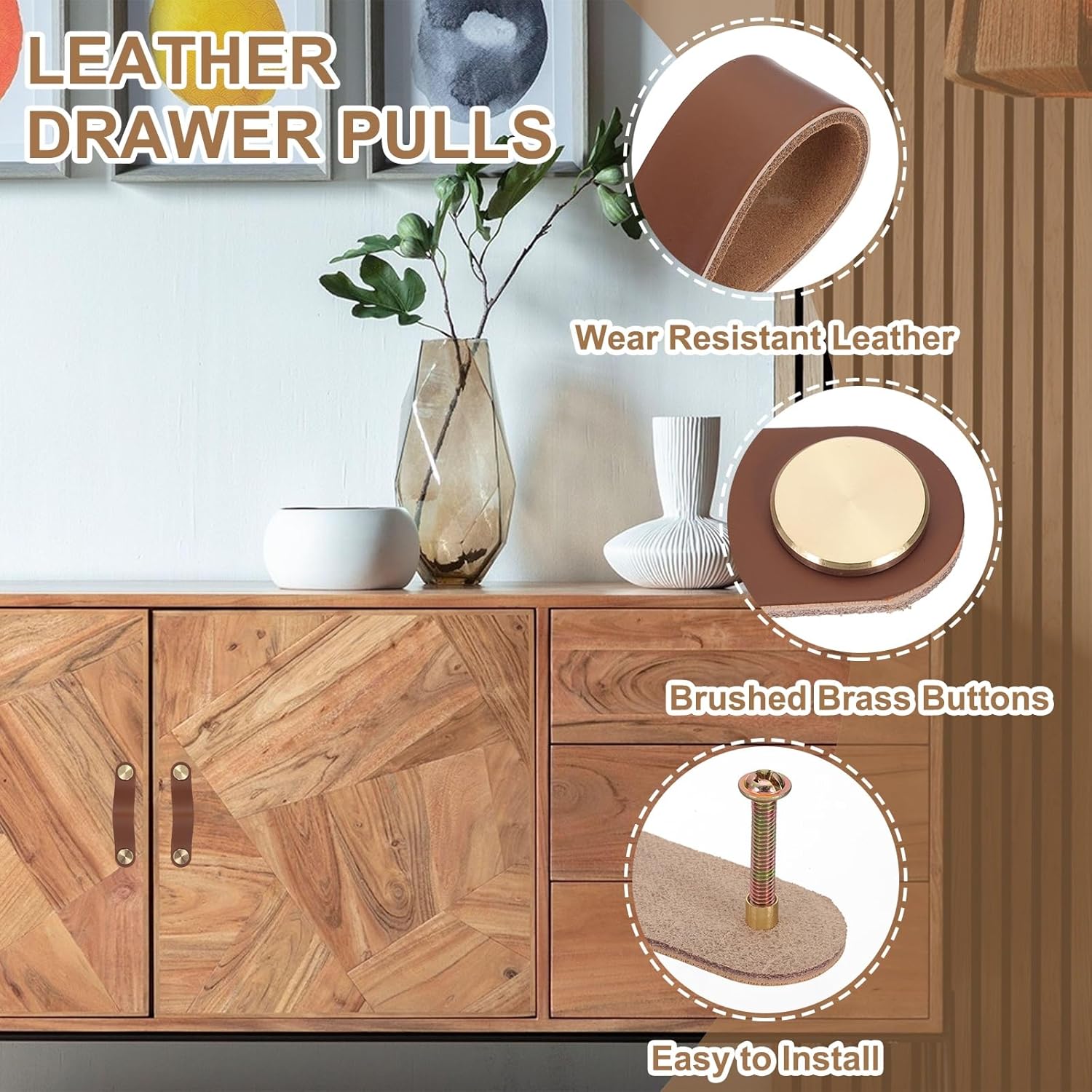 PATIKIL Leather Drawer Pulls, 4 Pack Leather Handle Center Cabinet Dresser Knobs with Screws for Dresser Cupboard Closet Doors, Brown